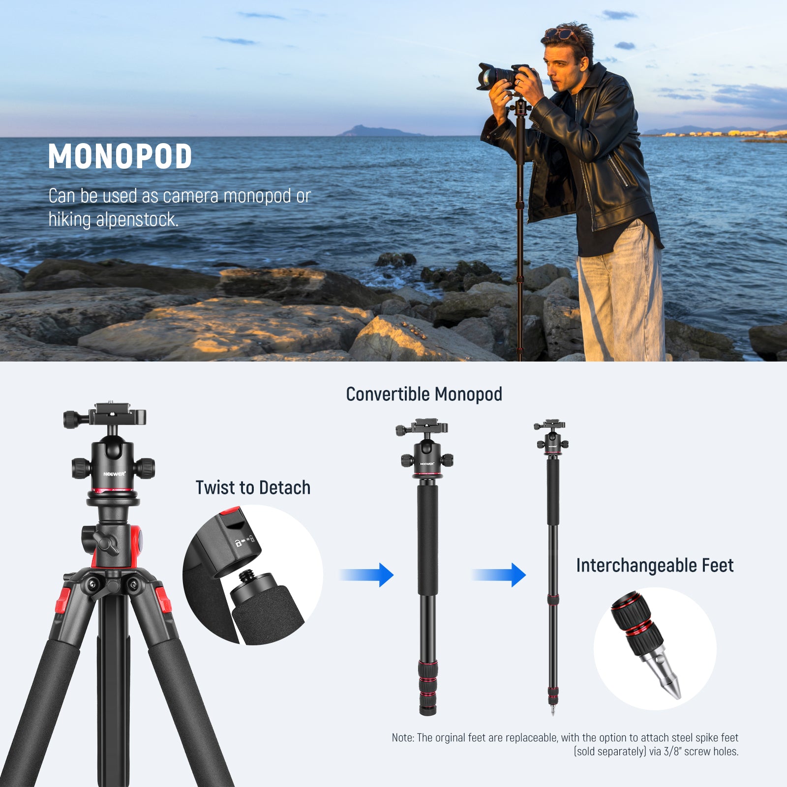 NEEWER N284L+G0 Camera Tripod can be used as monopod or hiking alpenstock.