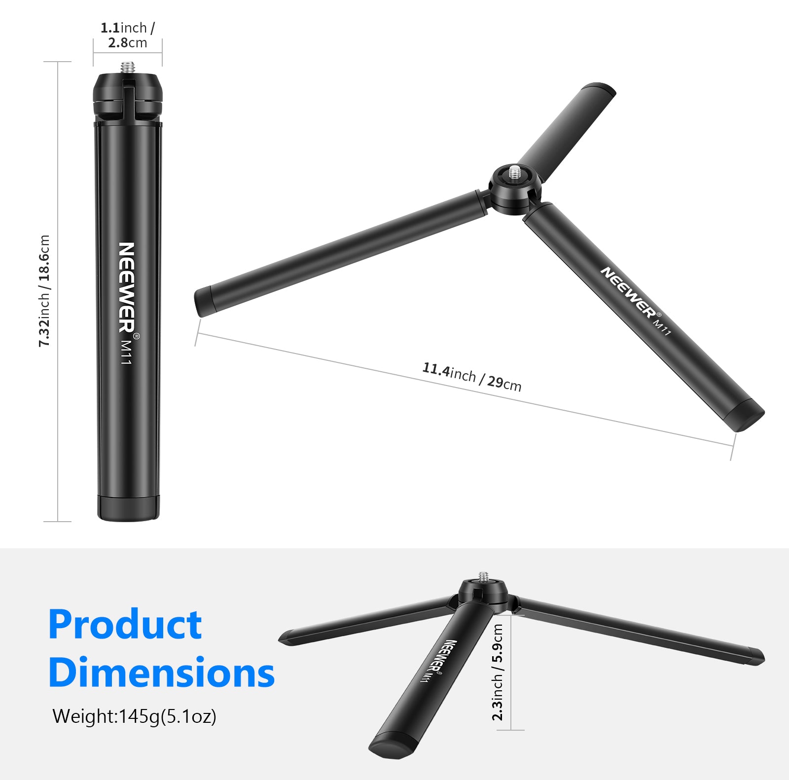 Product dimensions of the NEEWER M11 Metal Desktop Mini Tripod