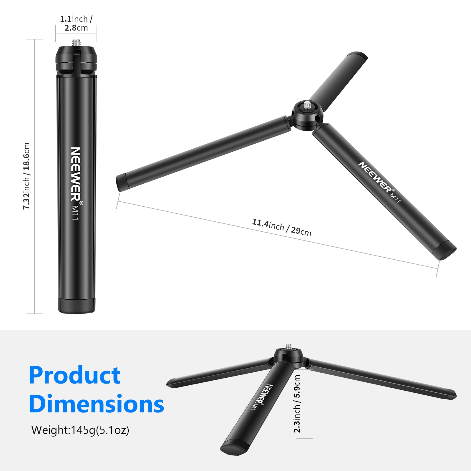 Product dimensions of the NEEWER M11 Metal Desktop Mini Tripod