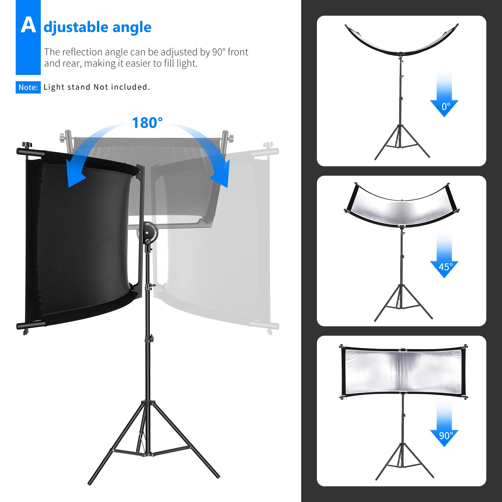 NEEWER Clamshell Photography Reflector angle can be adjusted.