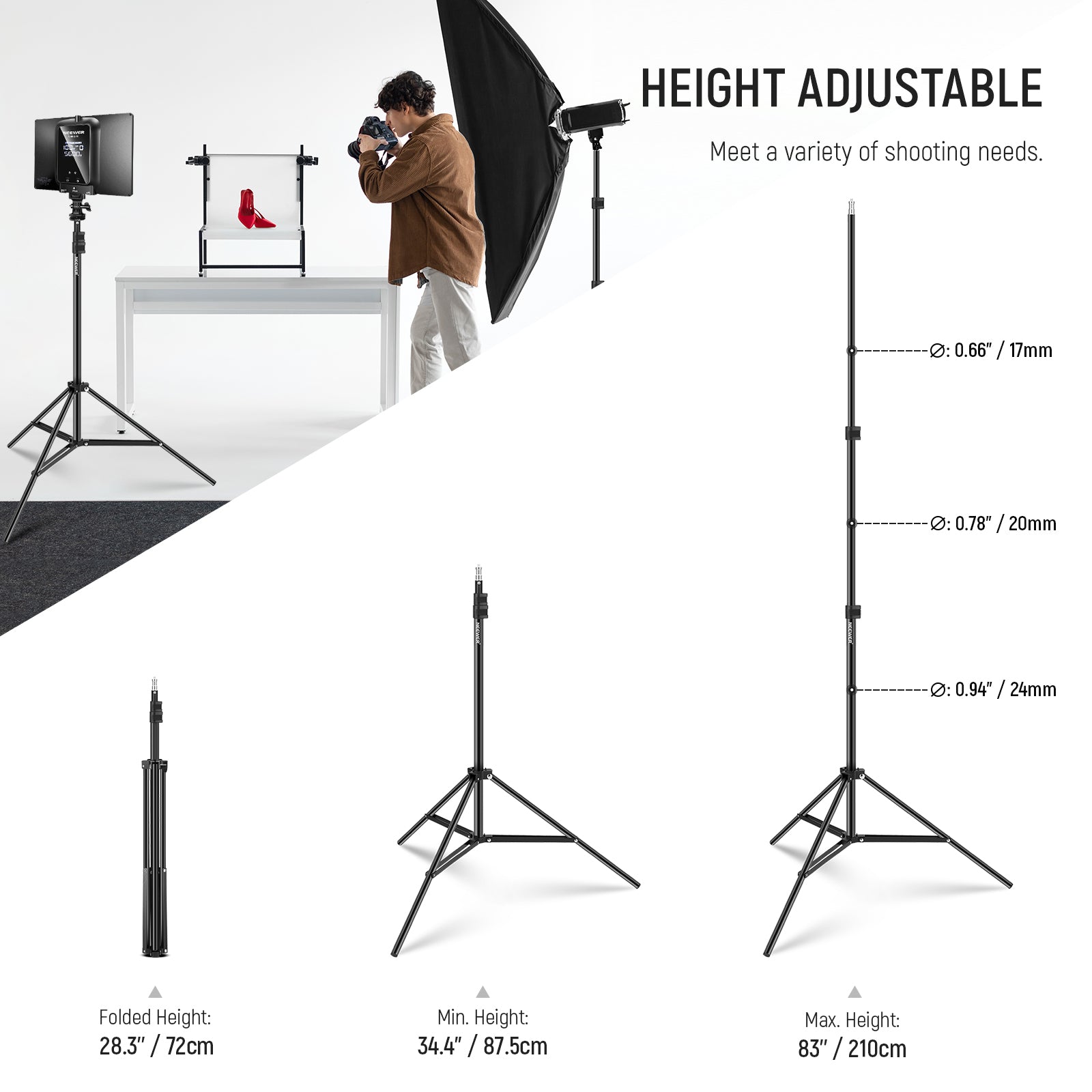 NEEWER ST210 Portable Light Stand is adjustable from 72cm to 210cm