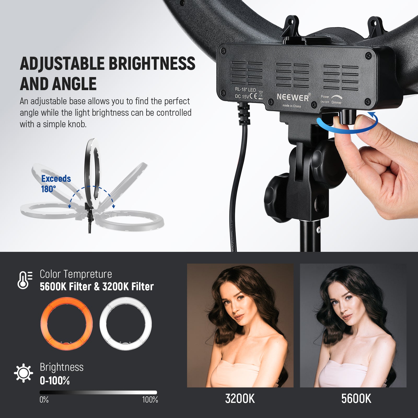 NEEWER RL-18 18 Inch LED Ring Light Kit features an adjustable base.
