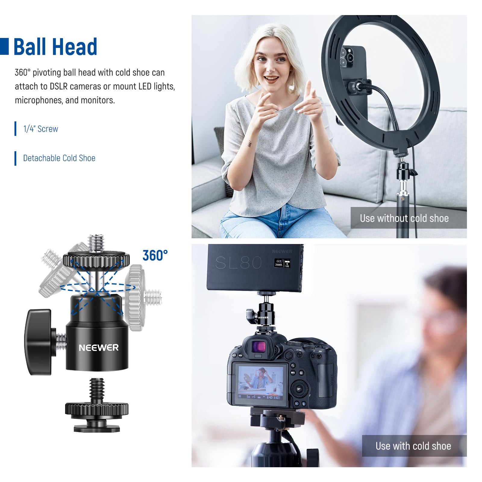 desktop C clamp stand with a top 1/4” screw and the mini ball head