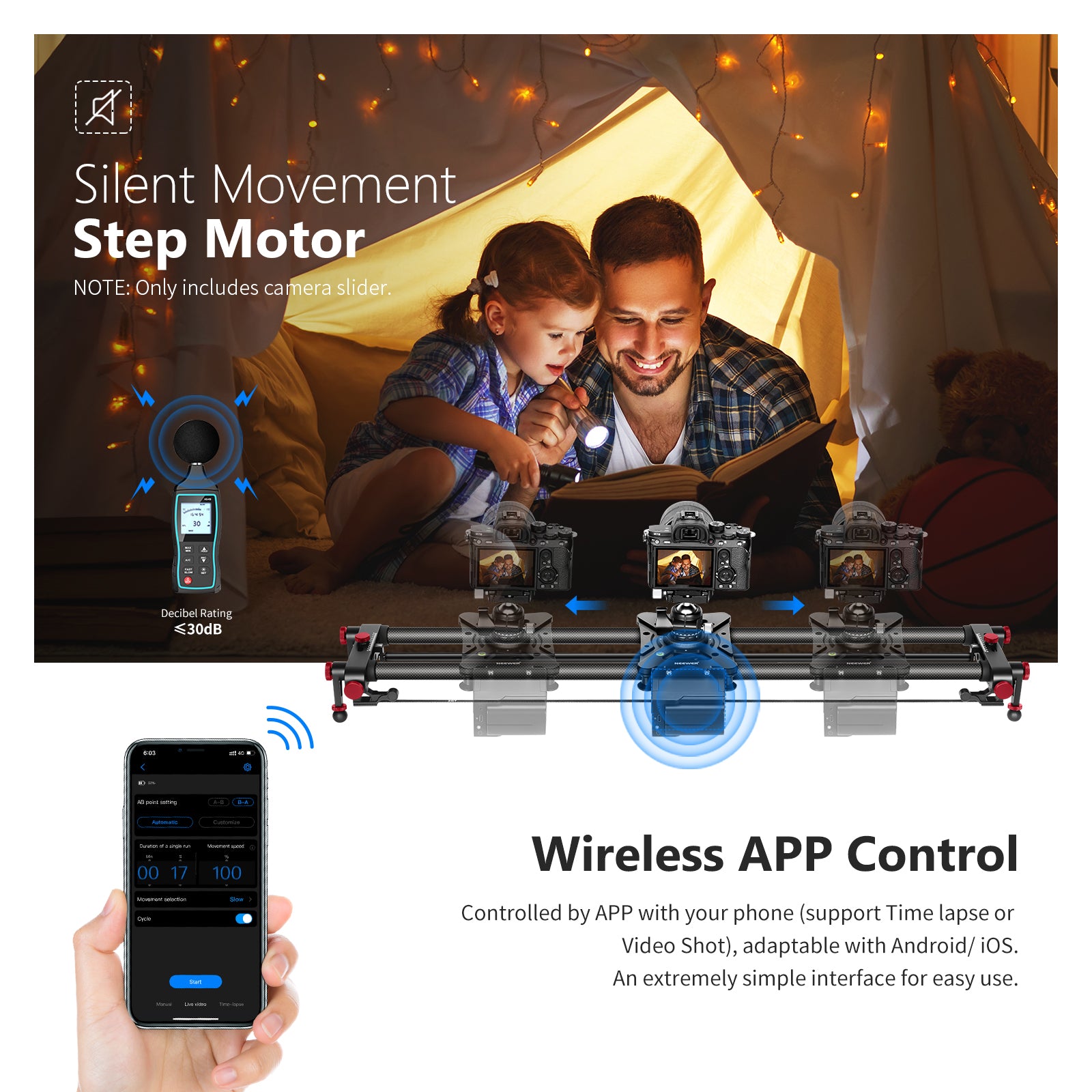 NEEWER ER1 Motorized Videography Slider can be controlled by APP