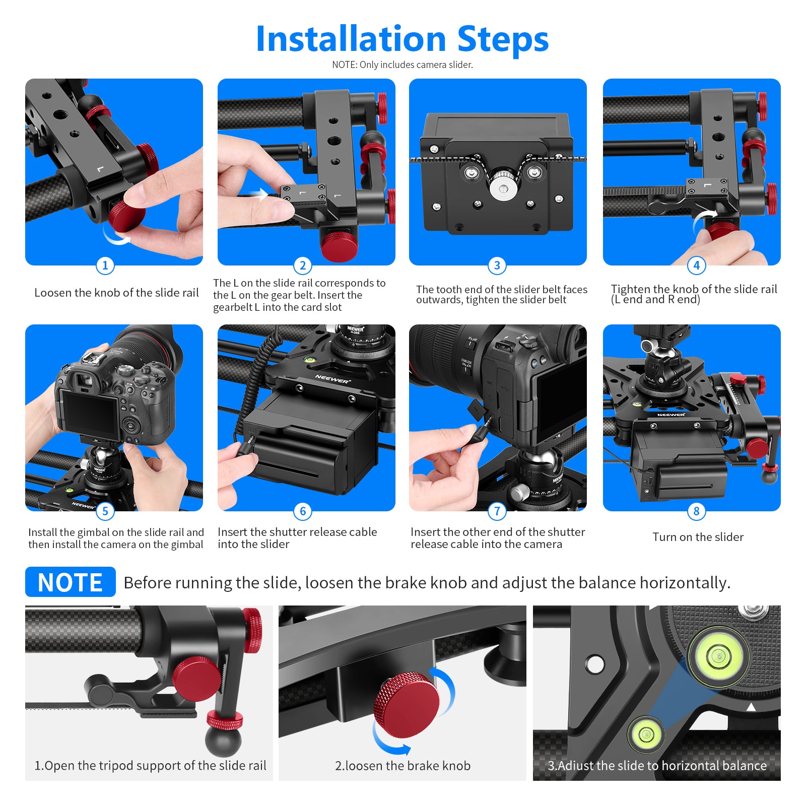 Installation steps of the NEEWER ER1 Motorized Videography Slider