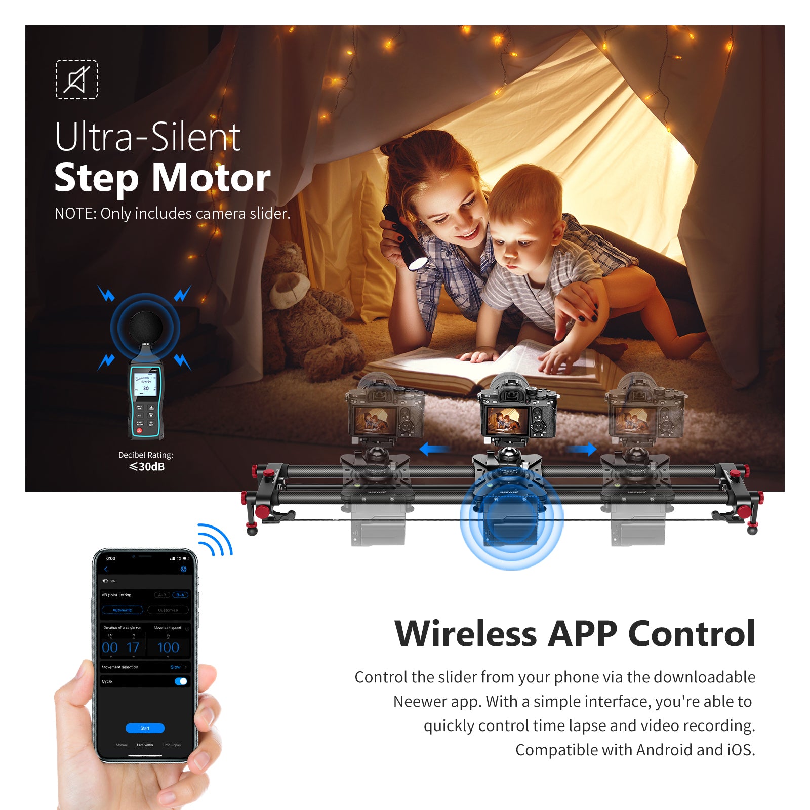 The NEEWER ER1 Motorized Camera Slider is ultra-silent.