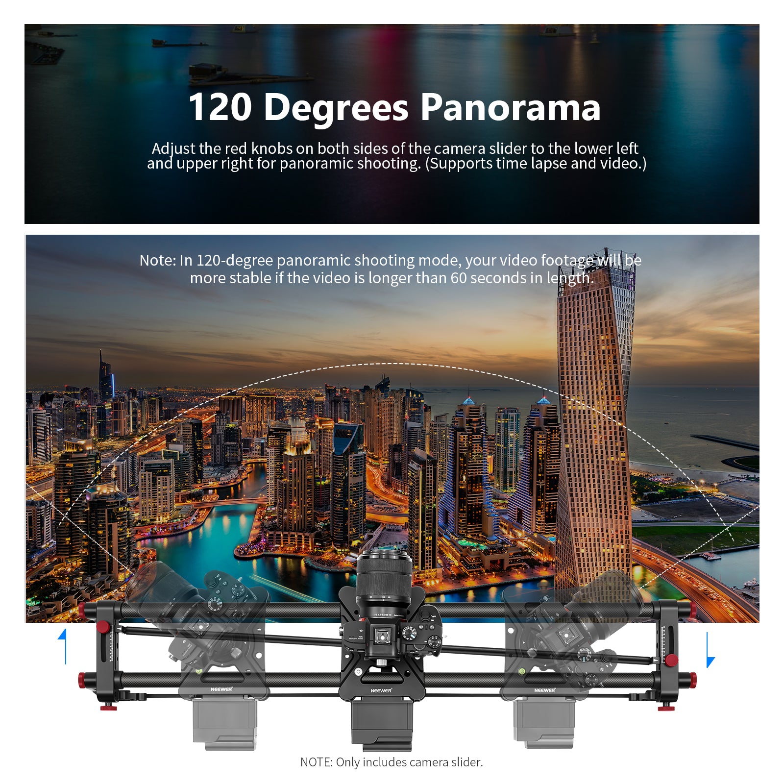 NEEWER ER1-100 Motorized Camera Slider features the red knobs on both sides for panoramic shooting.