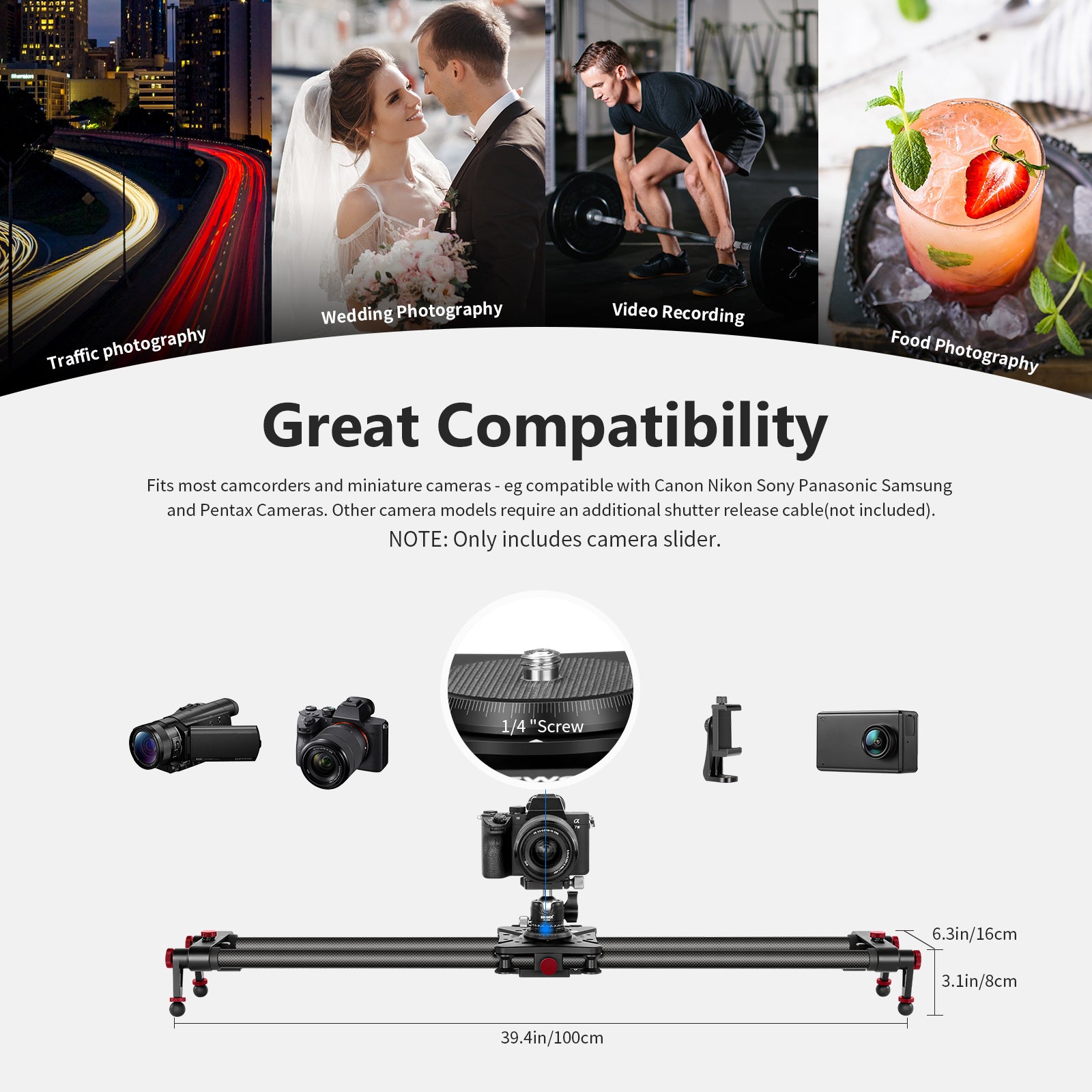 NEEWER ER1 Motorized Videography Slider fits most camcorders and miniature cameras.