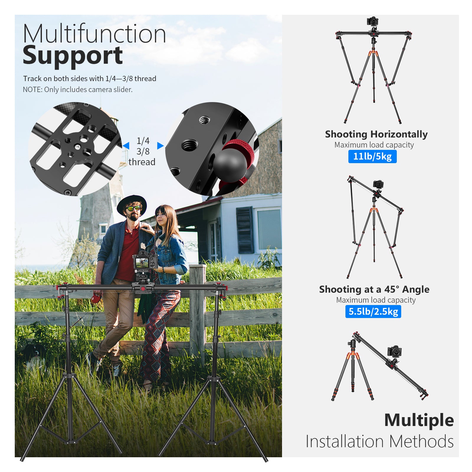 NEEWER ER1 Motorized Carbon Fiber Camera Slider supports different installation ways.