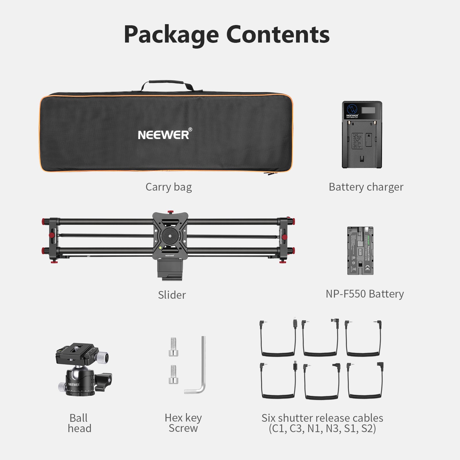 Package contents of the NEEWER ER1-100 Motorized Carbon Fiber Camera Slider