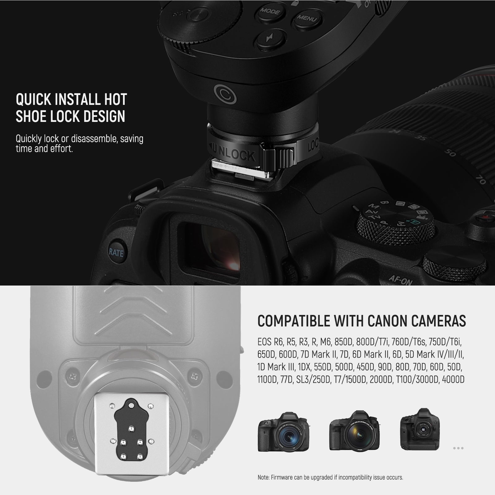 NEEWER QPRO-C TTL Wireless Trigger for Canon features quick install hot shoe lock design.