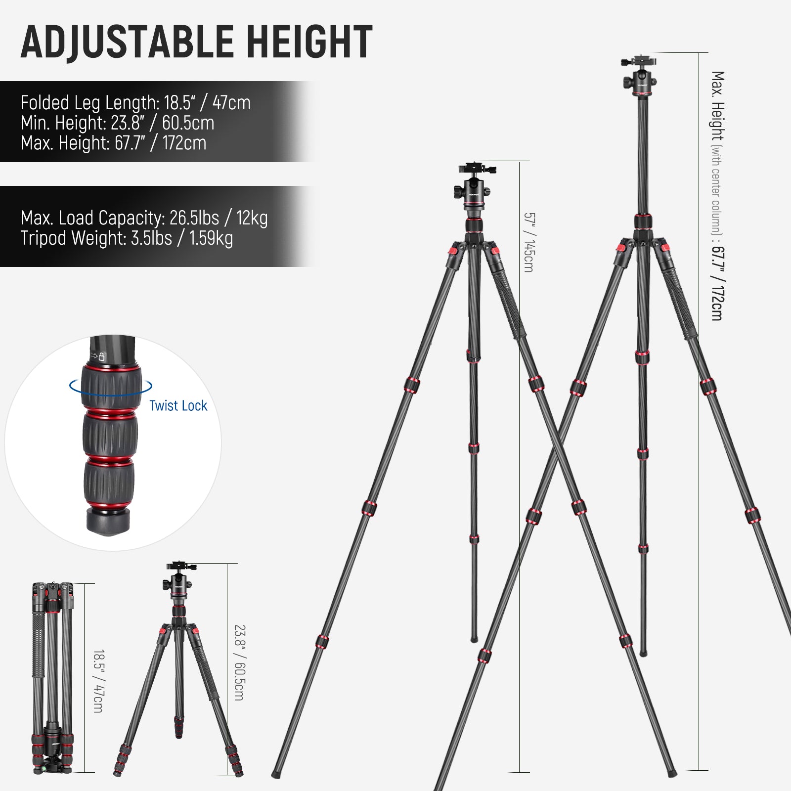 NEEWER N55C Carbon Fiber Tripod can extend from 23.8” to 68”