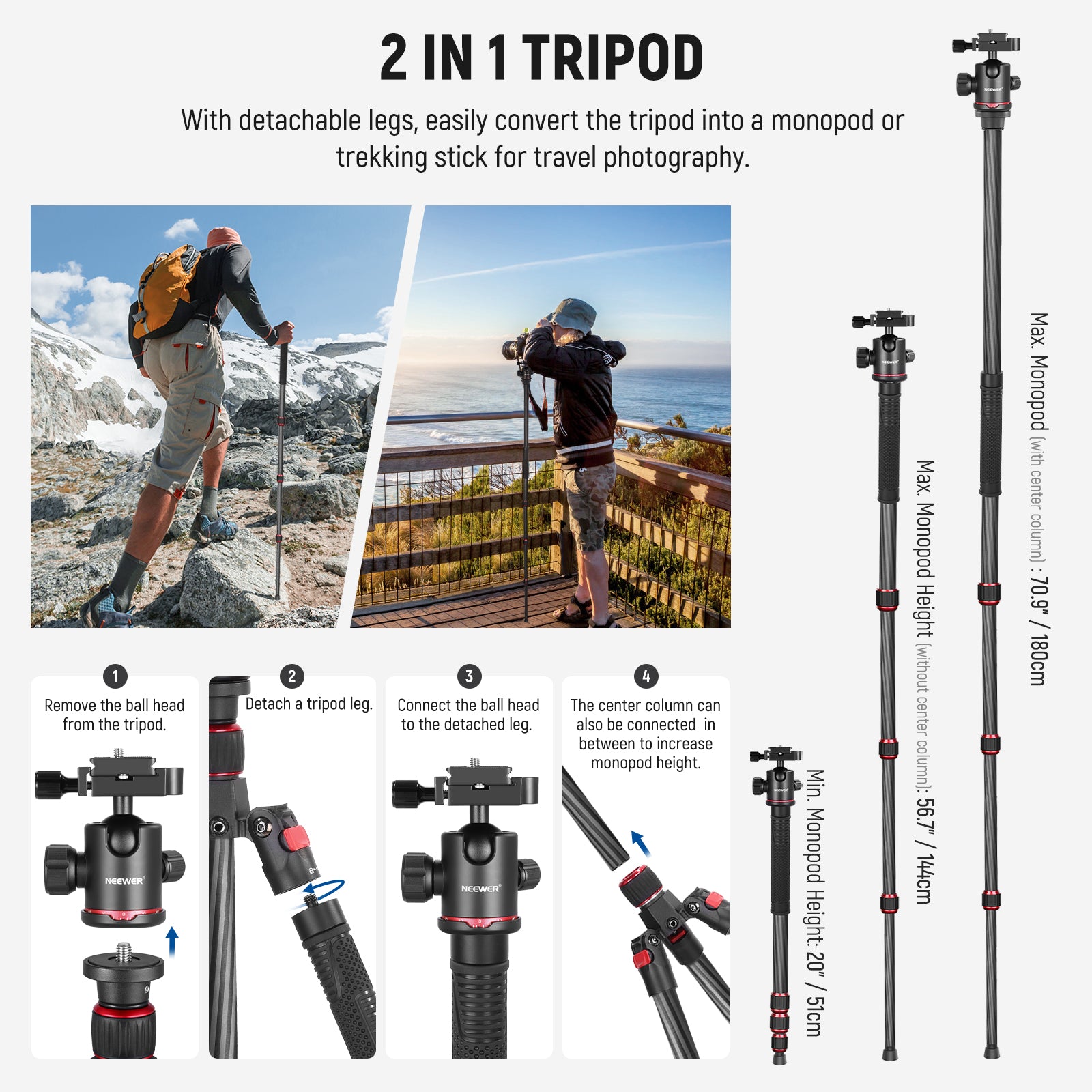 NEEWER N55C Carbon Fiber Tripod allows transformation from a tripod to a monopod
