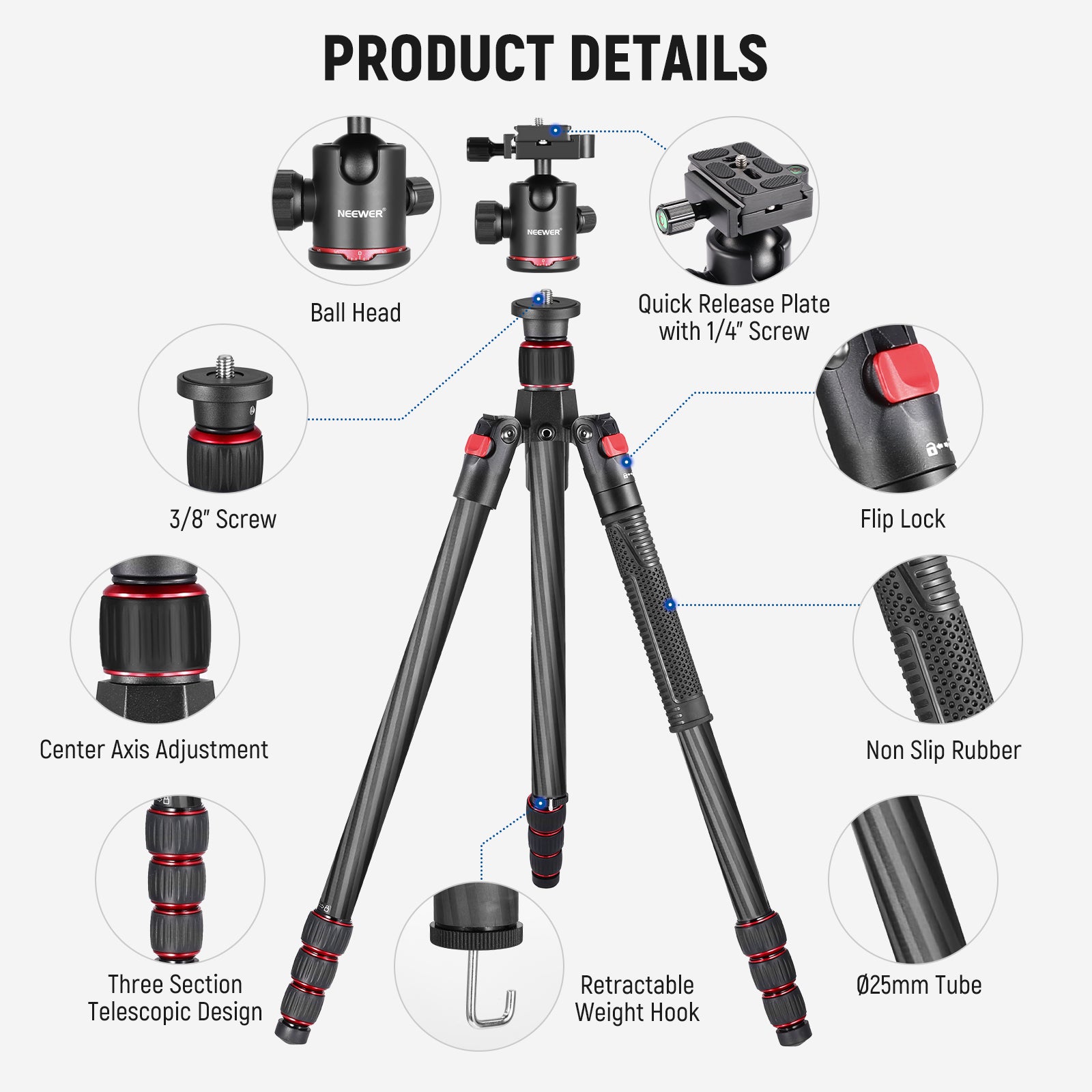 Product details of the NEEWER N55C Carbon Fiber Tripod