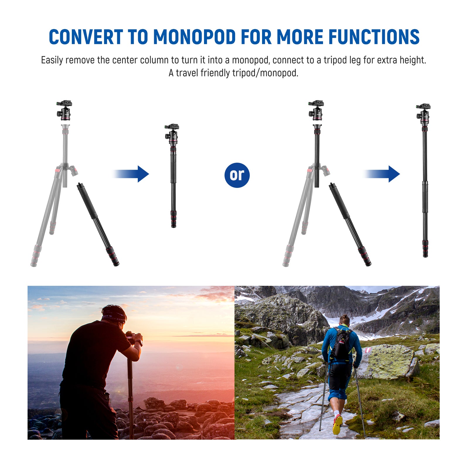 NEEWER N55CR Carbon Fiber Tripod can be converted to monopod.