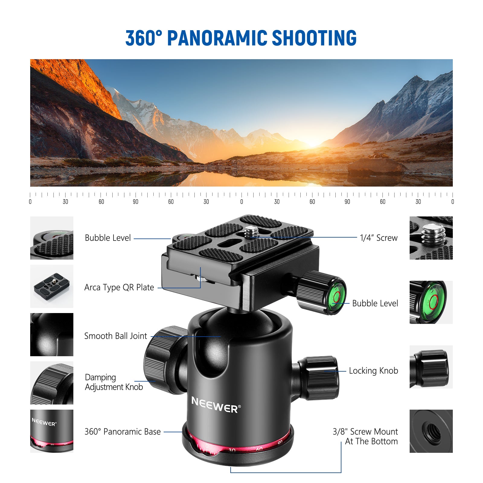 The photography tripod comes with a larger-than-average 36mm ball head