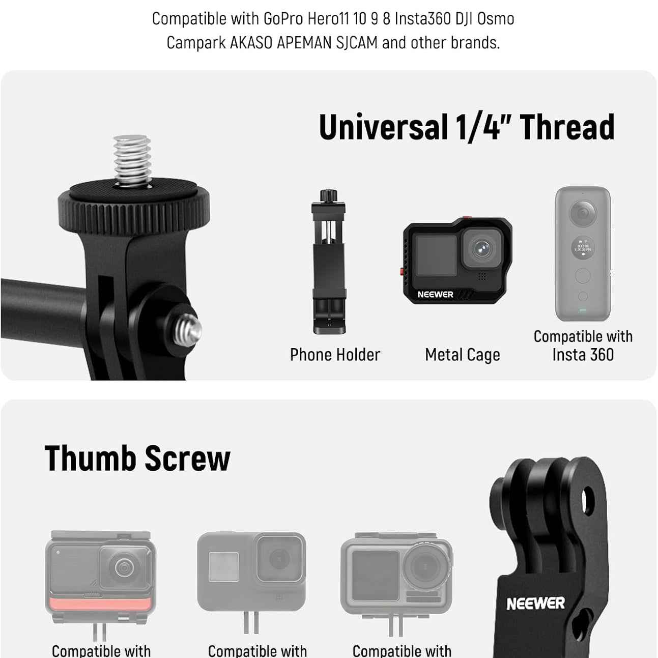 NEEWER Aluminum Alloy Action Camera Extension Arms Set is widely compatible.