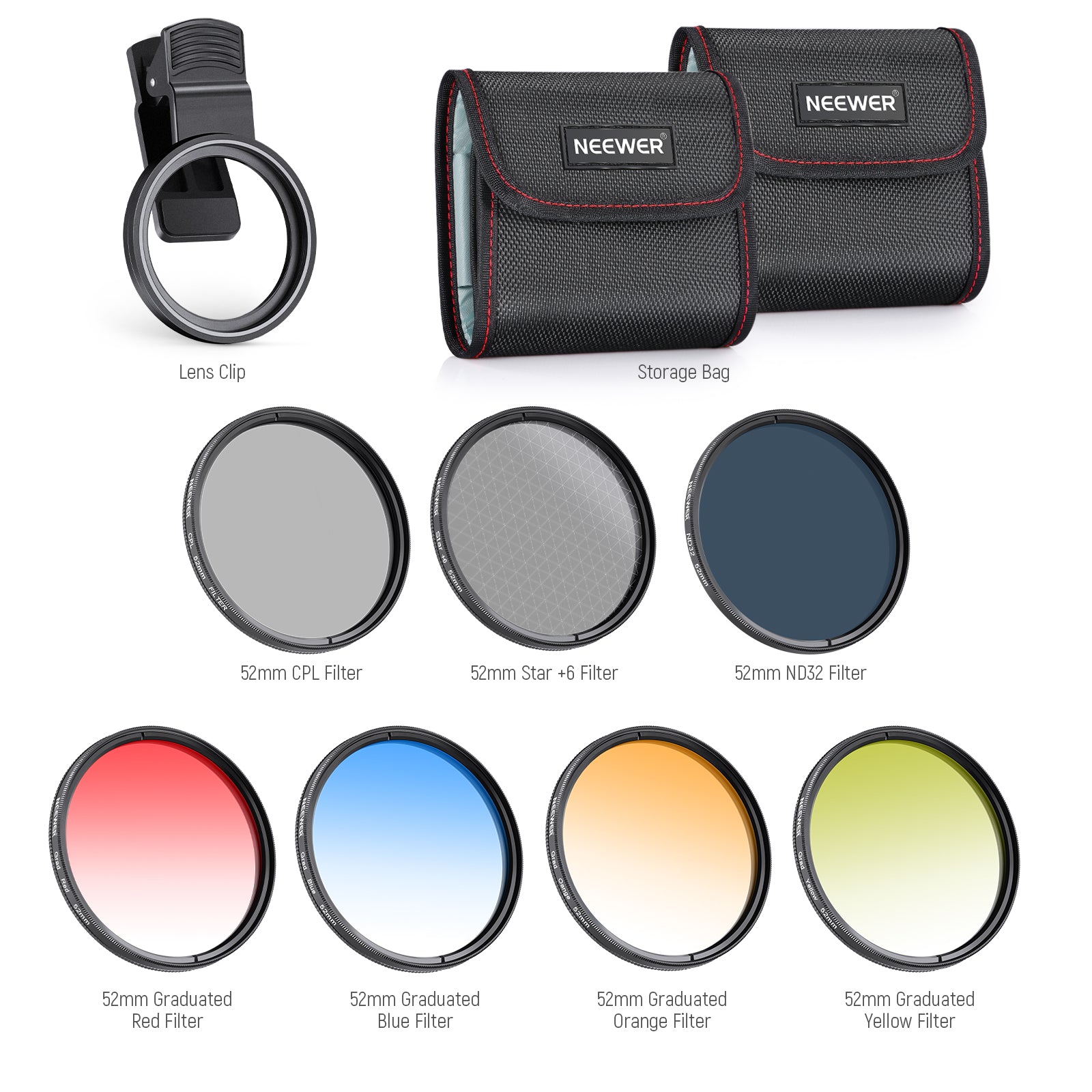 Package Contents of the NEEWER 52mm Lens Filters Kit for Phone & Camera