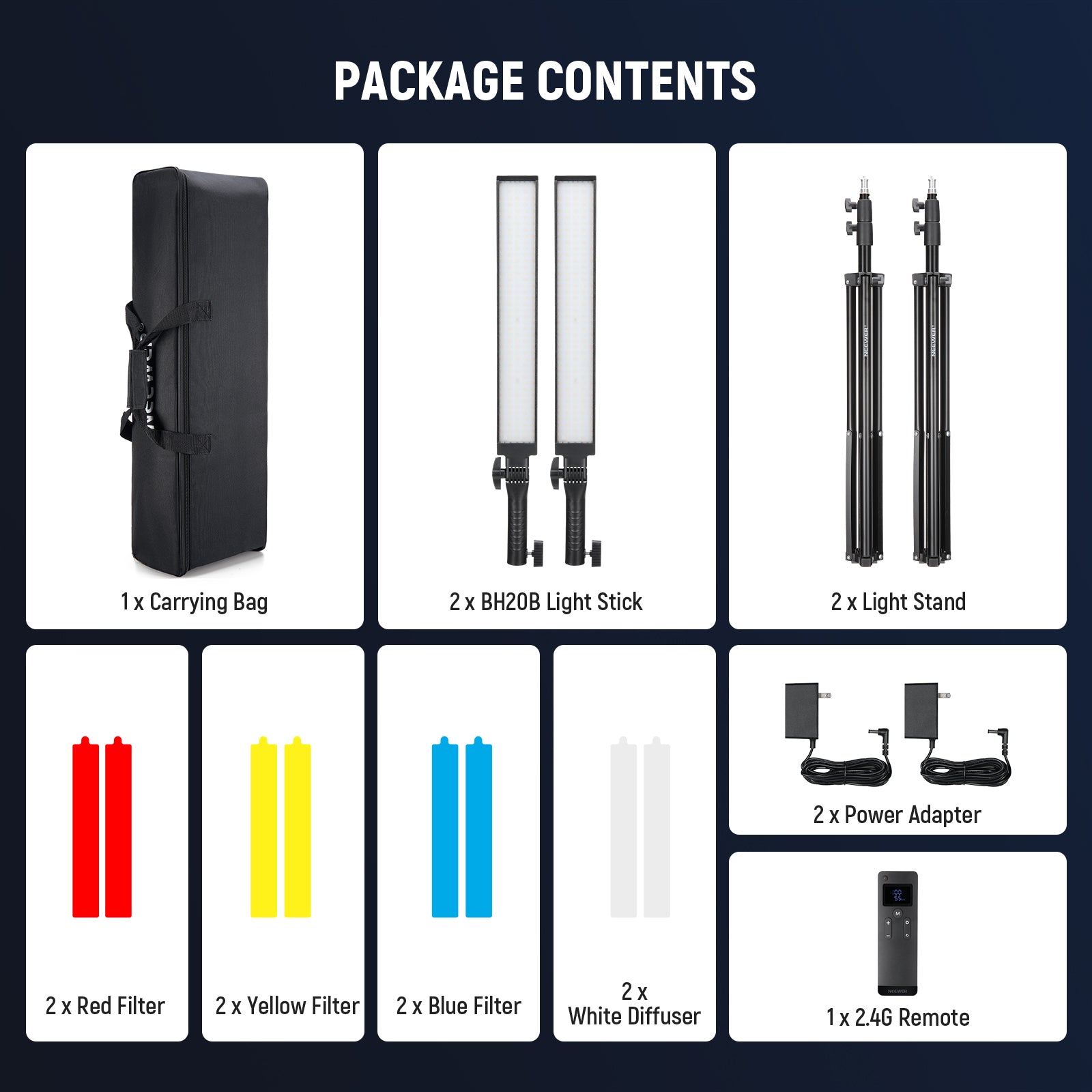 Package Contents of the NEEWER BH20B Upgraded 21W LED Light Stick Kit