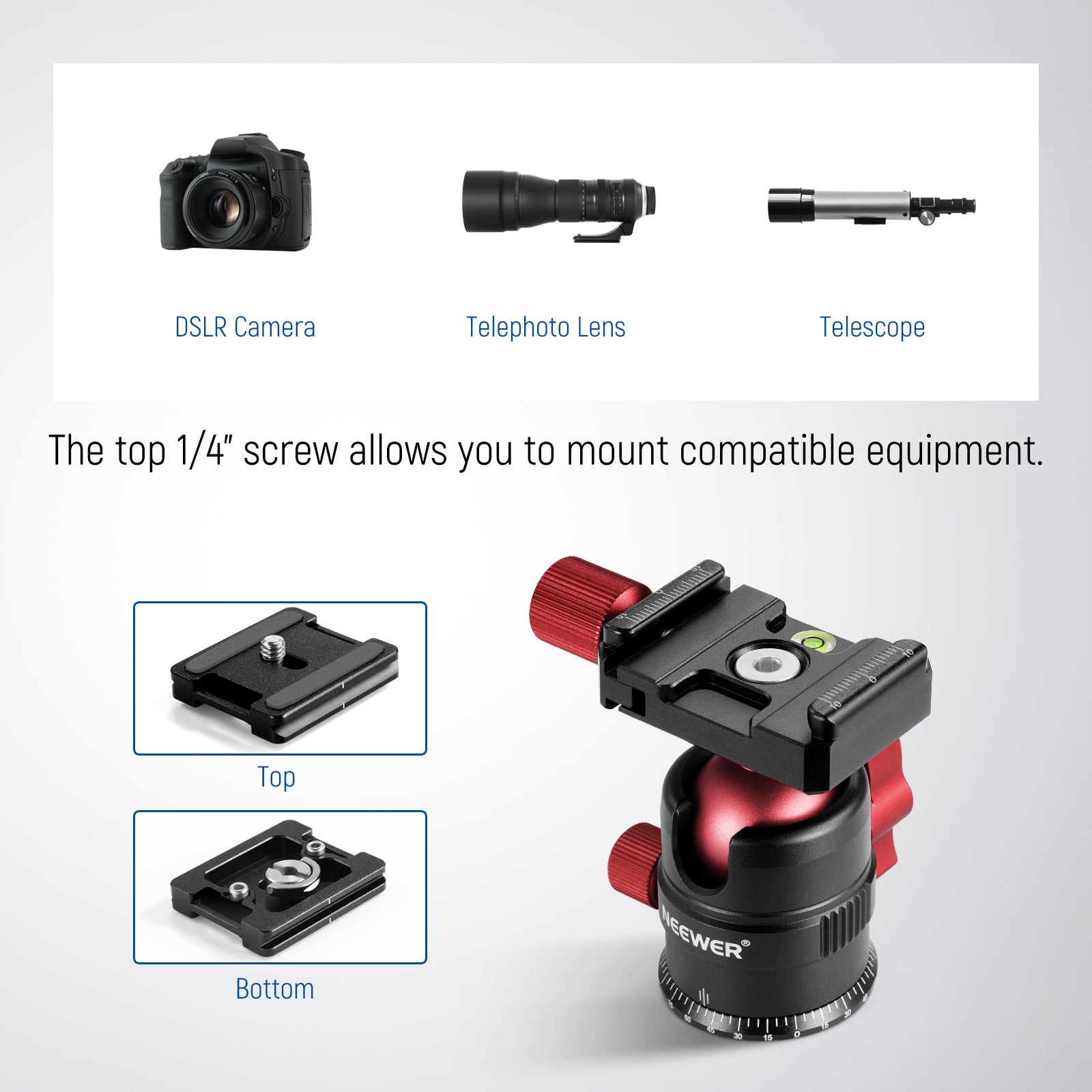 The 1/4" screw on top allows you to mount compatible equipment.