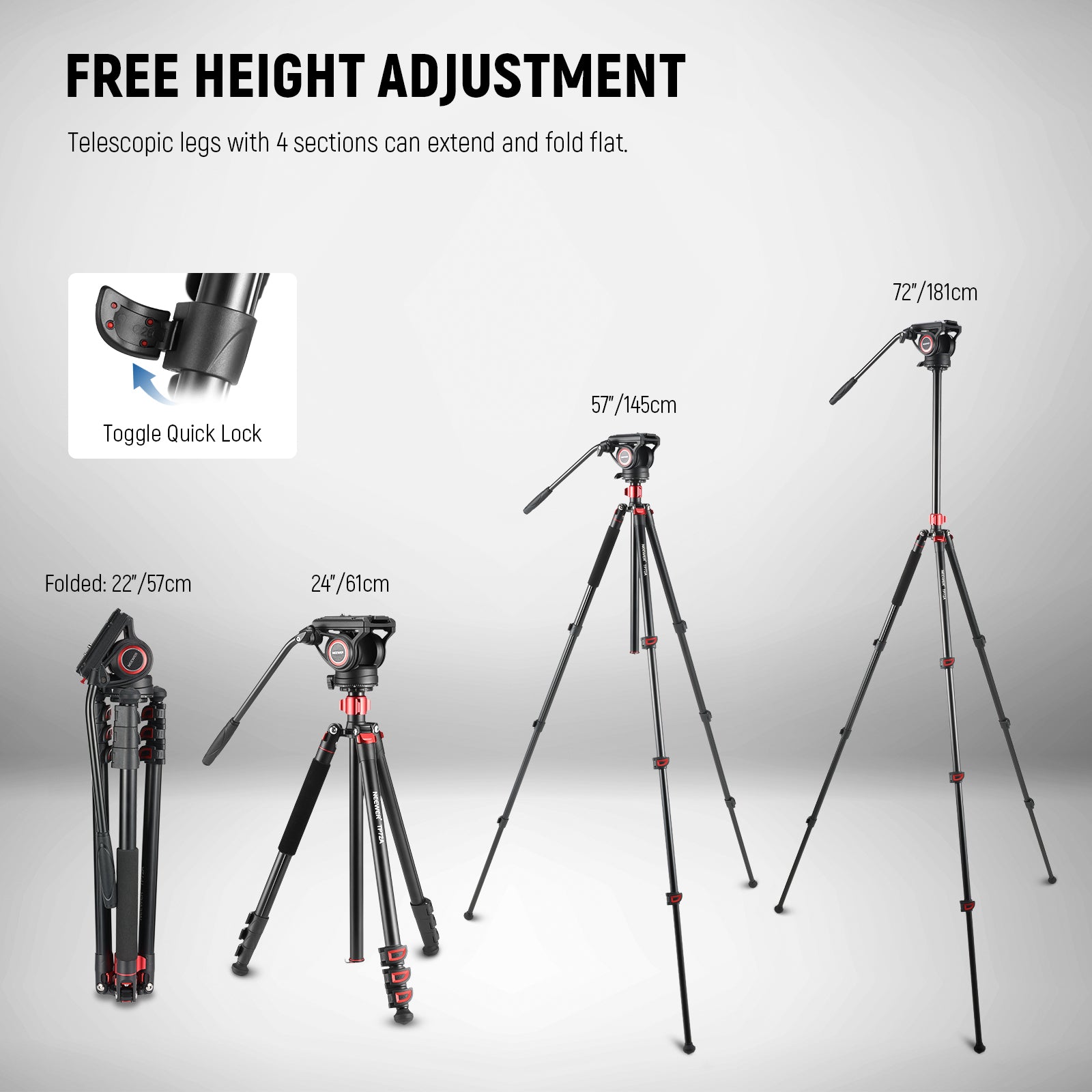 NEEWER TP72A Fluid Head Video Tripod Monopod can extend to 181cm.