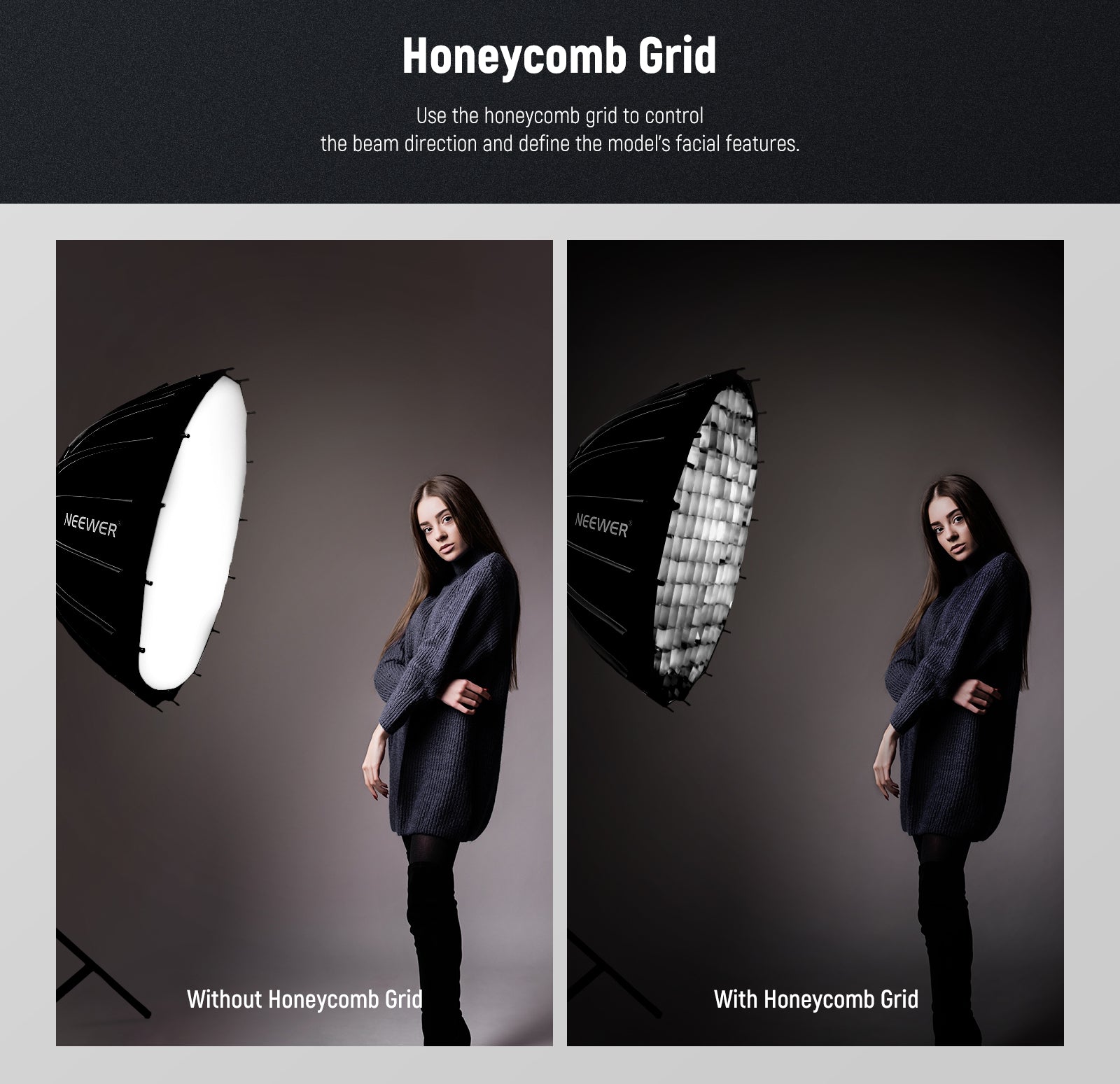 NEEWER SF65Q Parabolic Softbox Kit has a honeycomb grid.