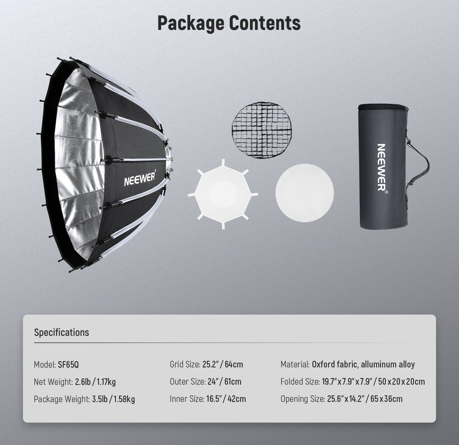 Package Contents of the NEEWER SF65Q Parabolic Softbox