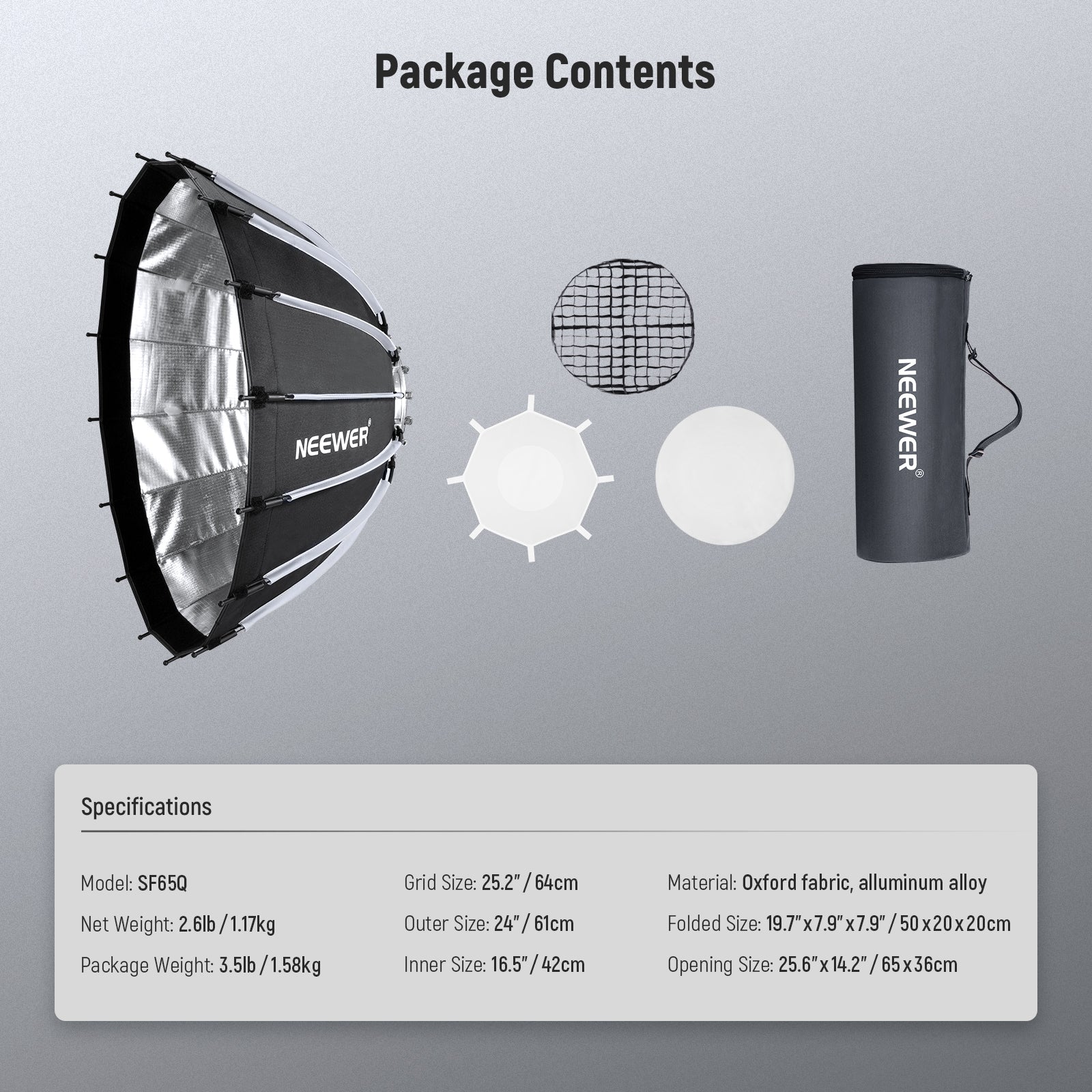 Package Contents of the NEEWER SF65Q Parabolic Softbox