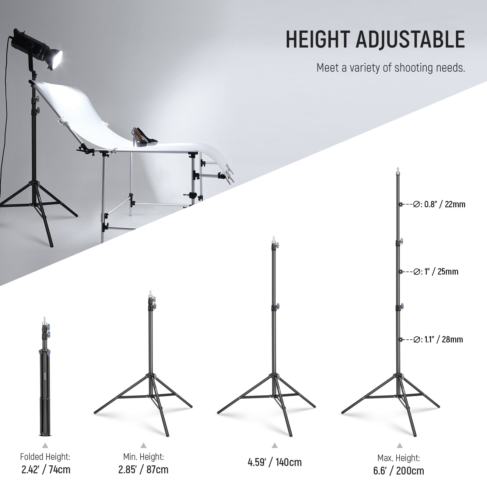 Height Adjustment Range of the NEEWER ST-200 Tripod Light Stand