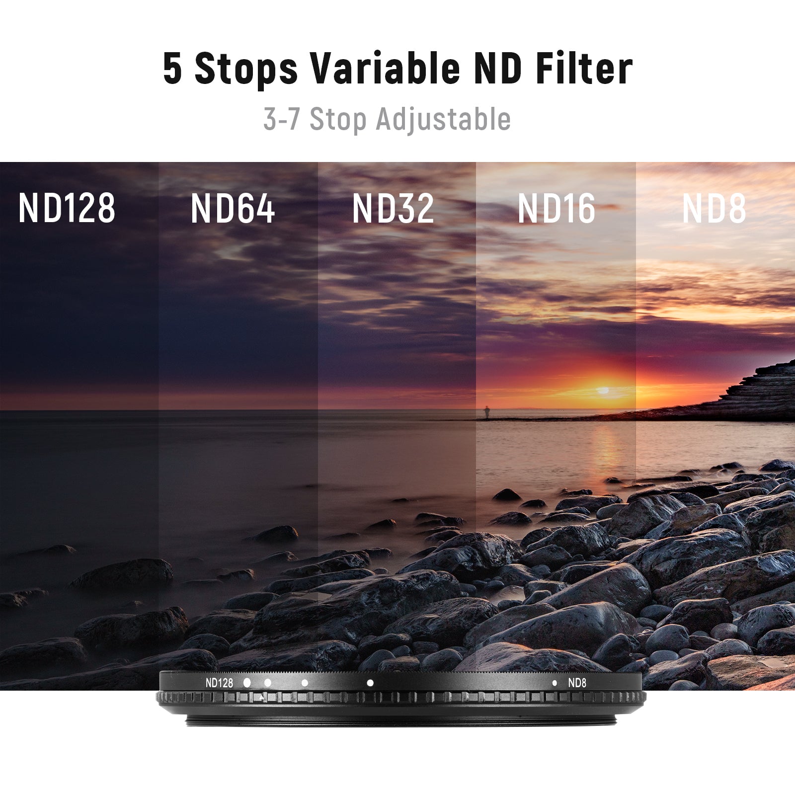 The NEEWER ND8–ND128 Variable Filter is adjustable from 3 to 7 stops