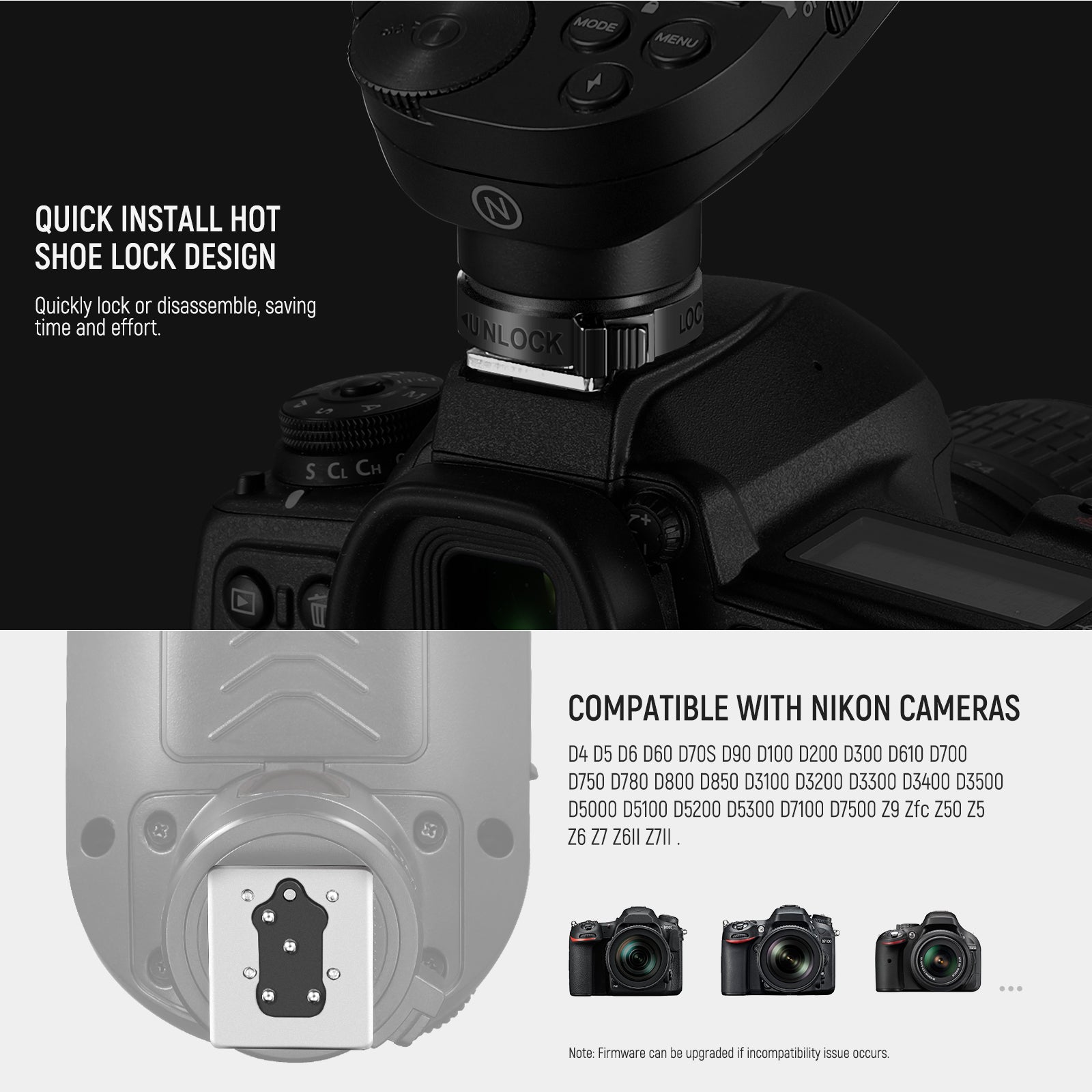 NEEWER QPRO-N TTL Wireless Flash Trigger is designed for Nikon cameras