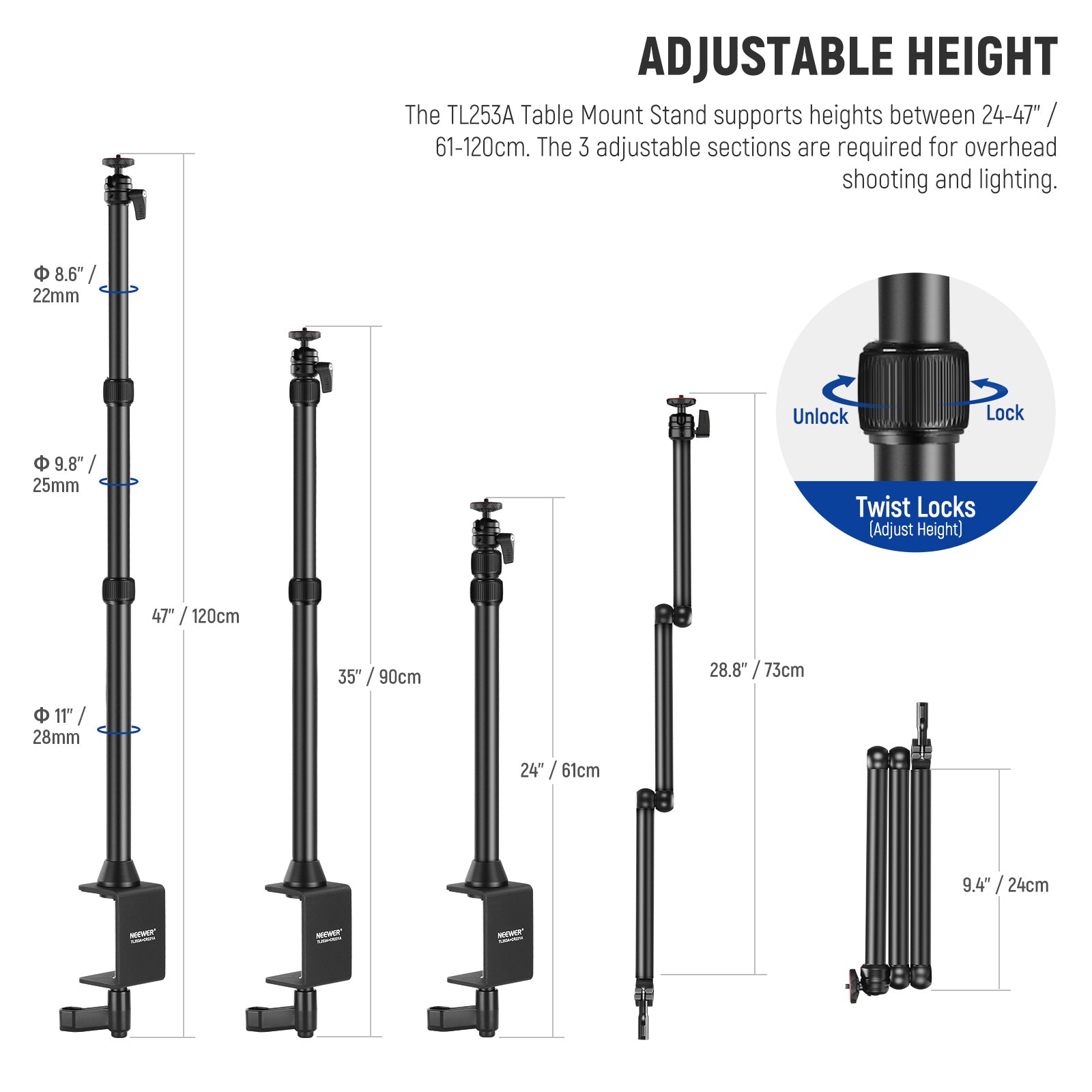 NEEWER TL253A table mount stand supports heights between 61-120cm.