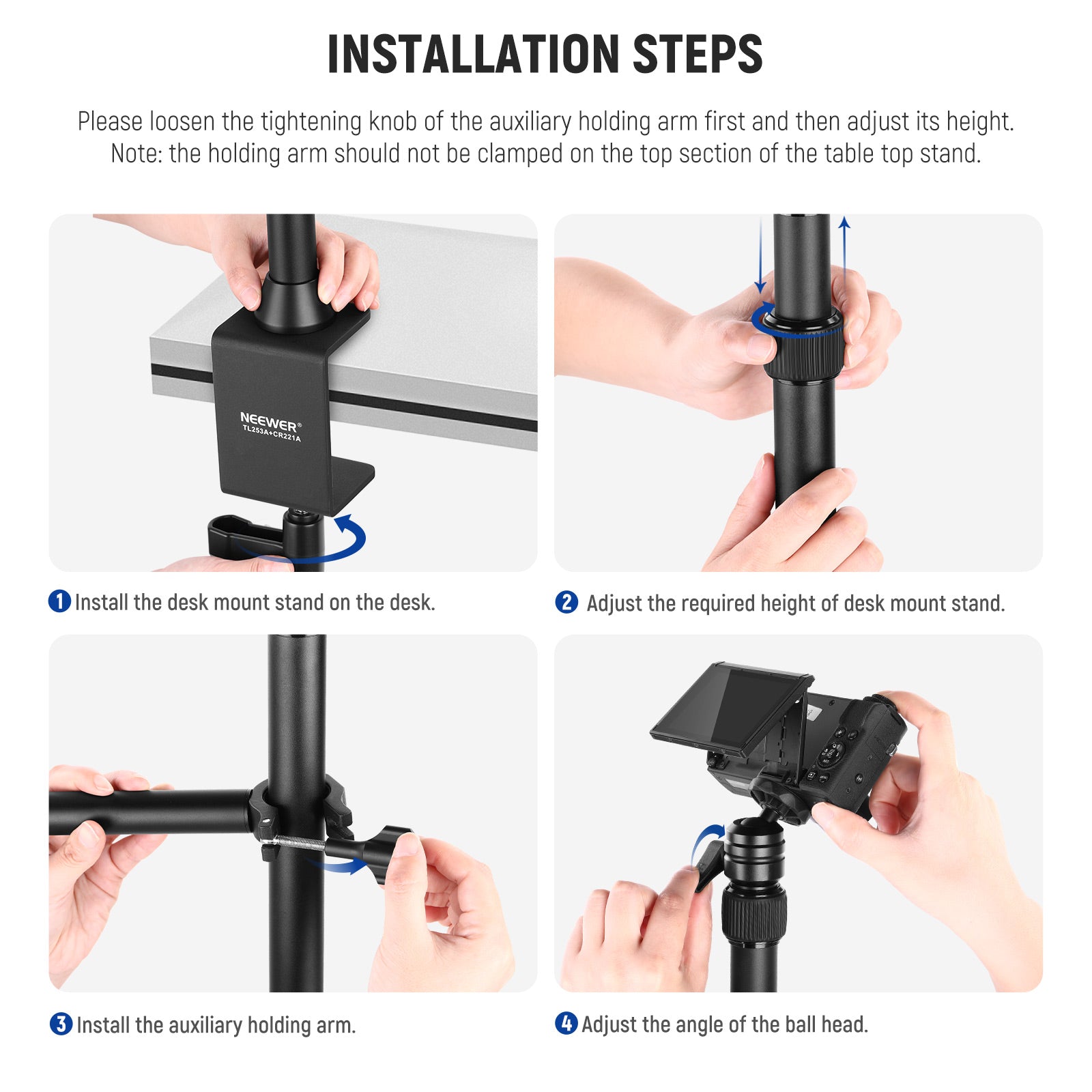 Installation steps of the NEEWER TL253A+MH022 Desktop Mount Stand Set