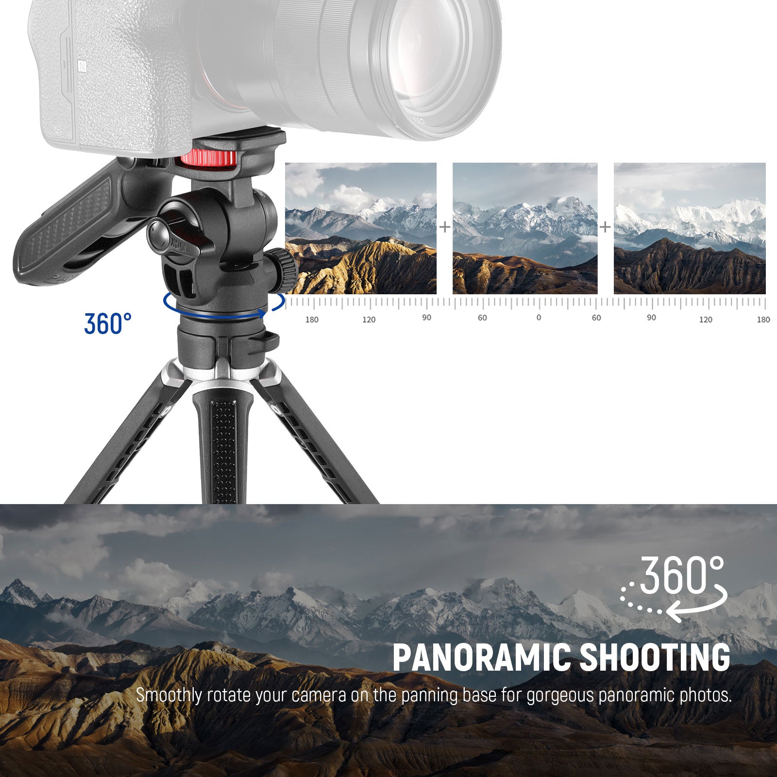 NEEWER TS003 Mini Tripod features a 360° Panoramic & Tilt Head