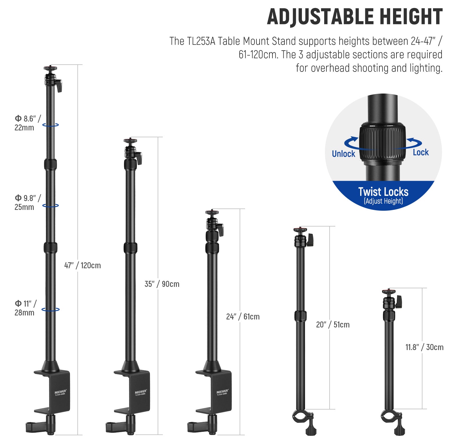 The TL253A telescopic desk light stand with 3 sections is extendable from 24" to 47"