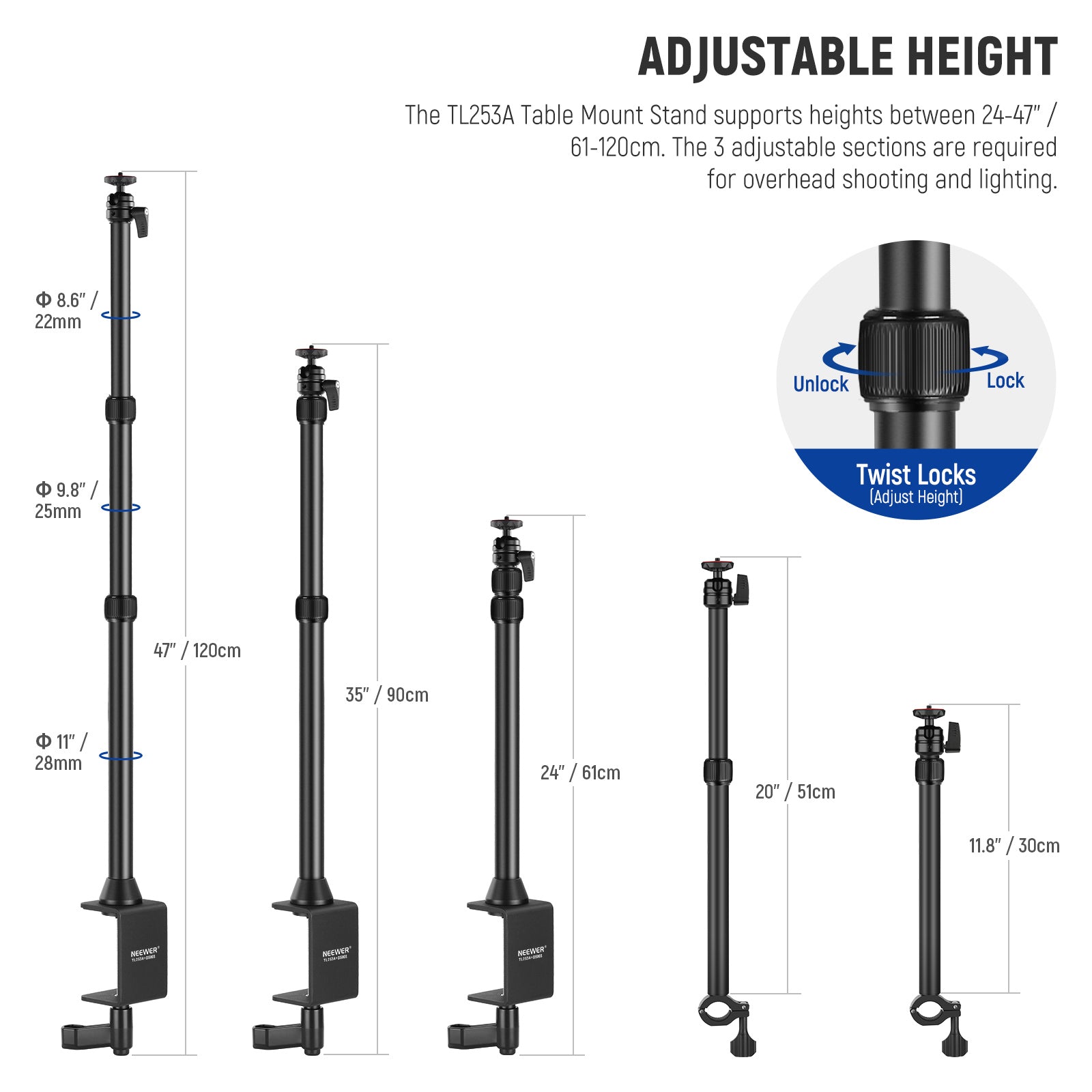The TL253A telescopic desk light stand with 3 sections is extendable from 24" to 47"