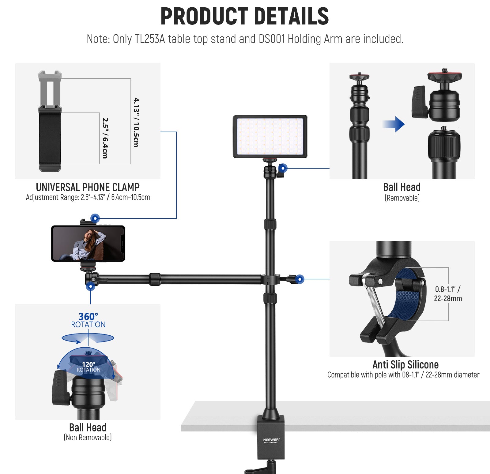 Product details of the NEEWER TL253A+DS001 Tabletop Overhead Camera Mount Stand