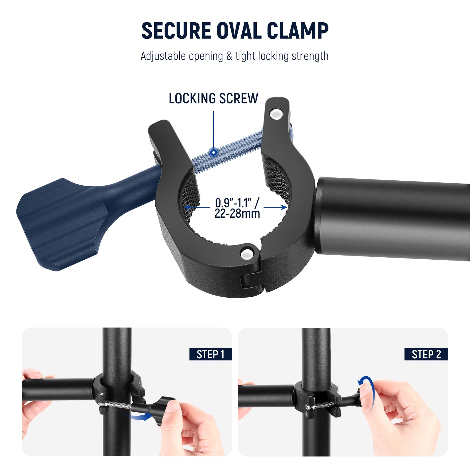 The oval clamp can fasten on a desk stand with security.