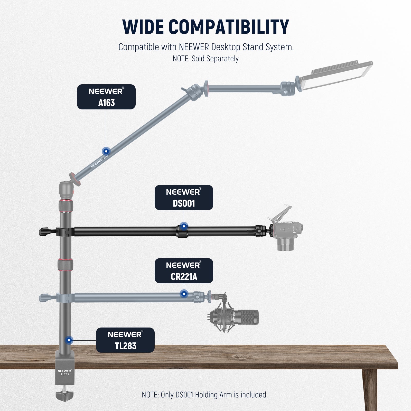 Wide Compatibility of the NEEWER DS001 Tabletop Overhead Camera Mount Arm