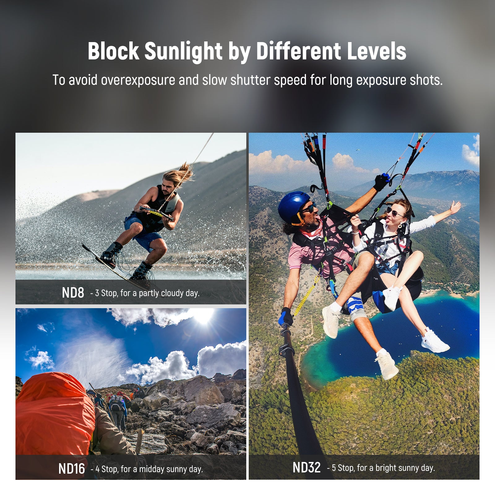 NEEWER 4 Pack GoPro ND Filter Set blocks sunlight by different levels.