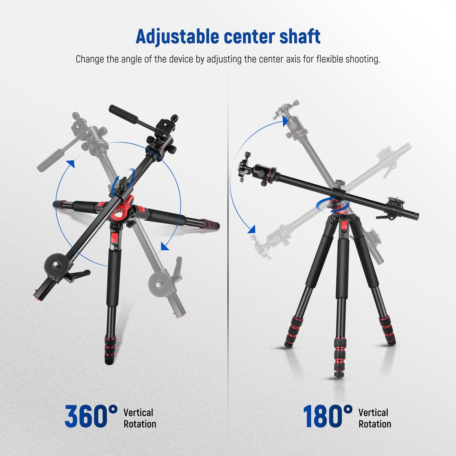 As a horizontal tripod arm, you can adjust the length of the sides to balance the equipment at both ends.