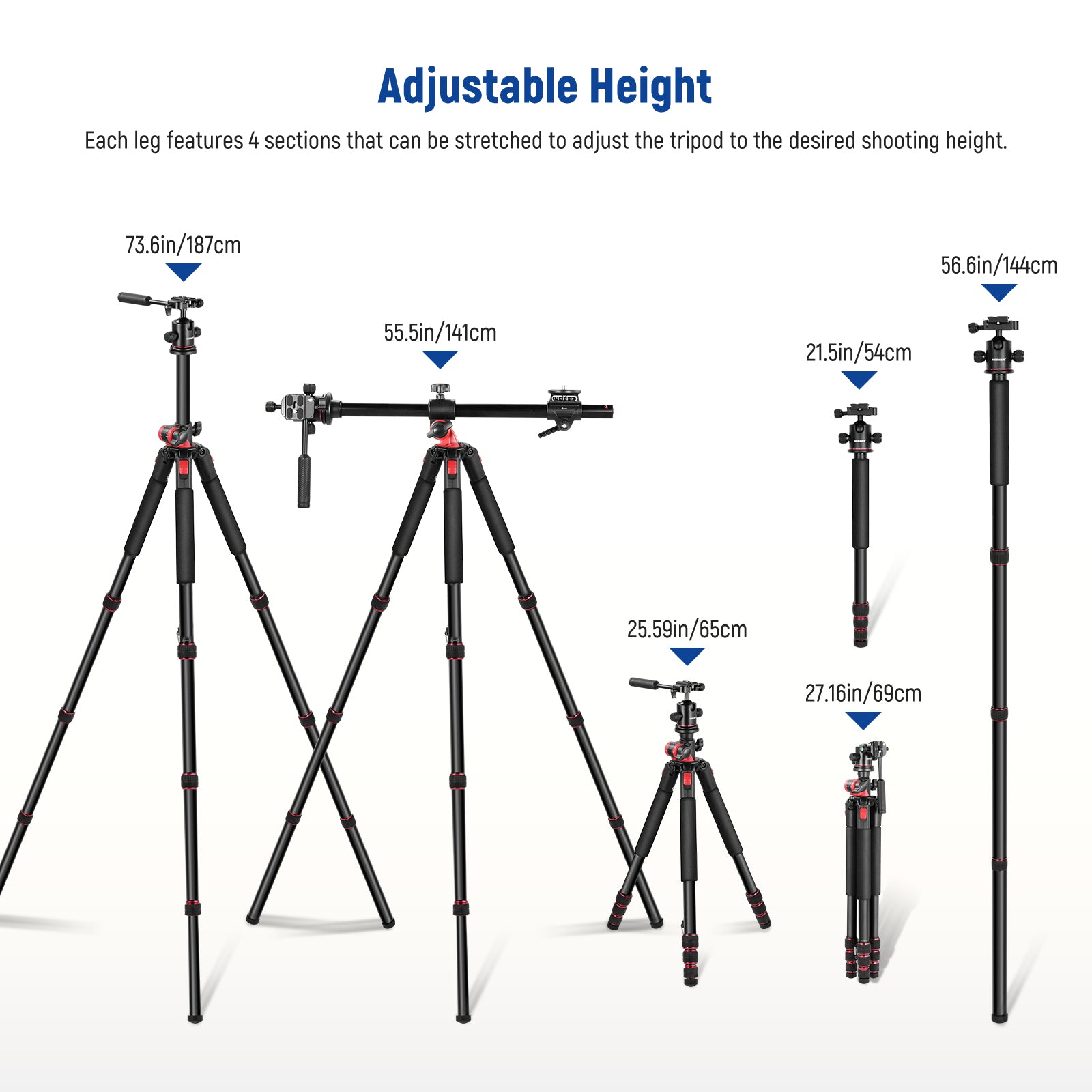 Each tripod leg consists of 4 sections with a max height of 73.6"/187cm