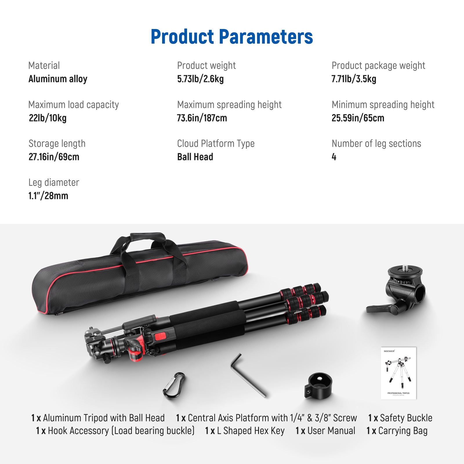 Specifications of the NEEWER TP27 Horizontal Tripod