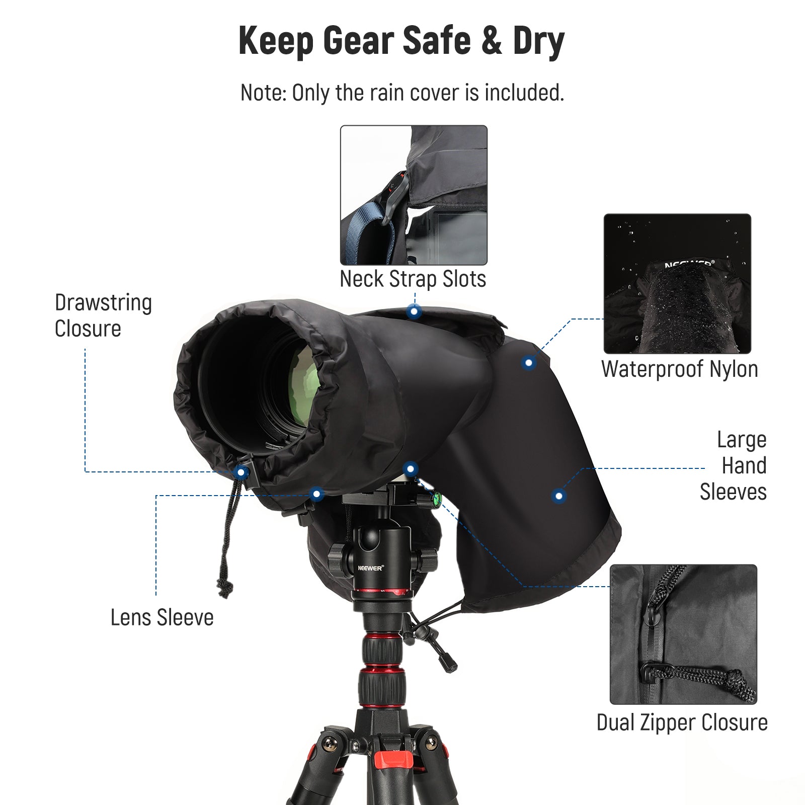 NEEWER PB003/PB004/PB008 Camera Rain Cover can keep gear safe and dry.