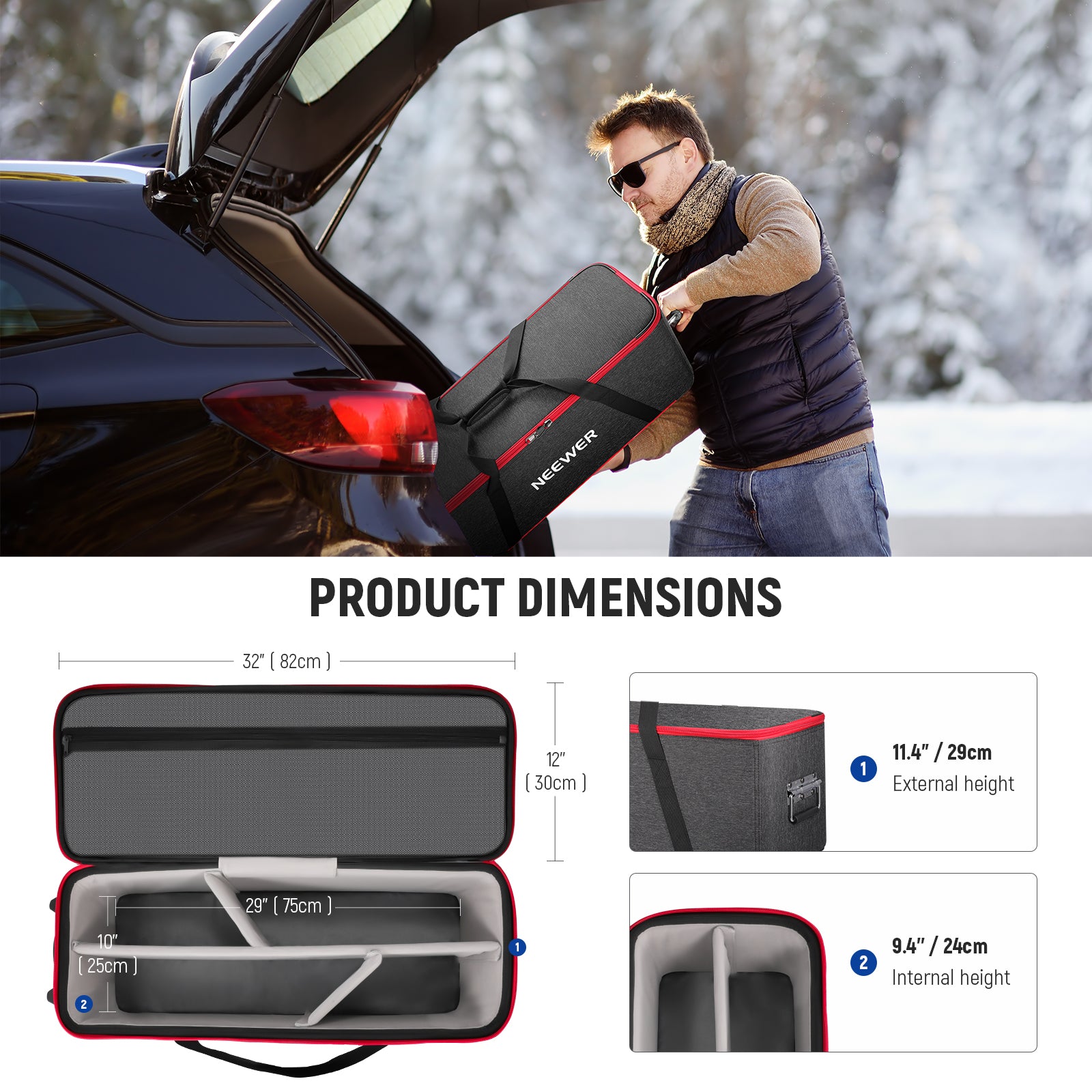 Product dimensions of the NEEWER PB005 Trolley Case with Wheels
