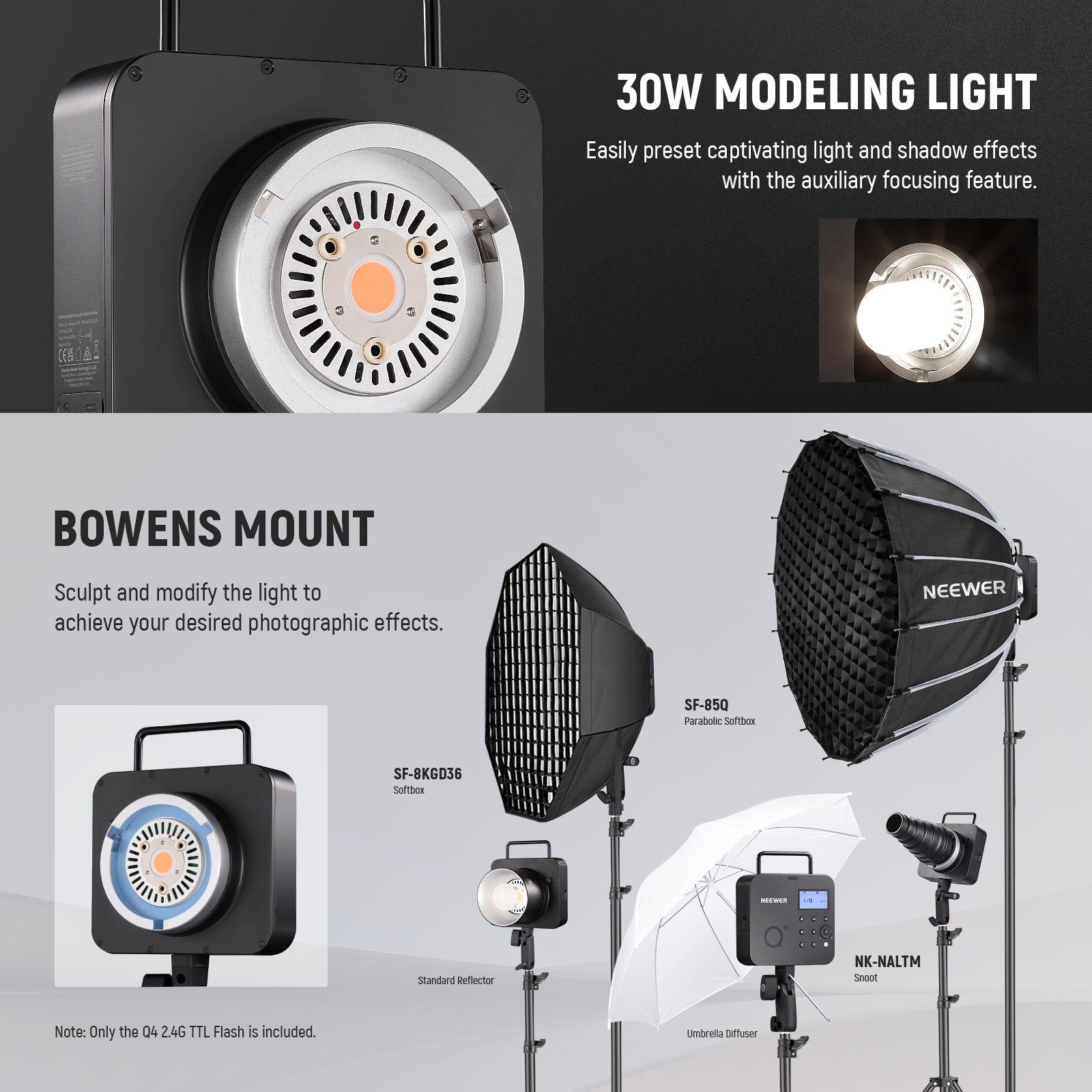 The widely used Bowens mount can connect the moonlight to various light modifiers