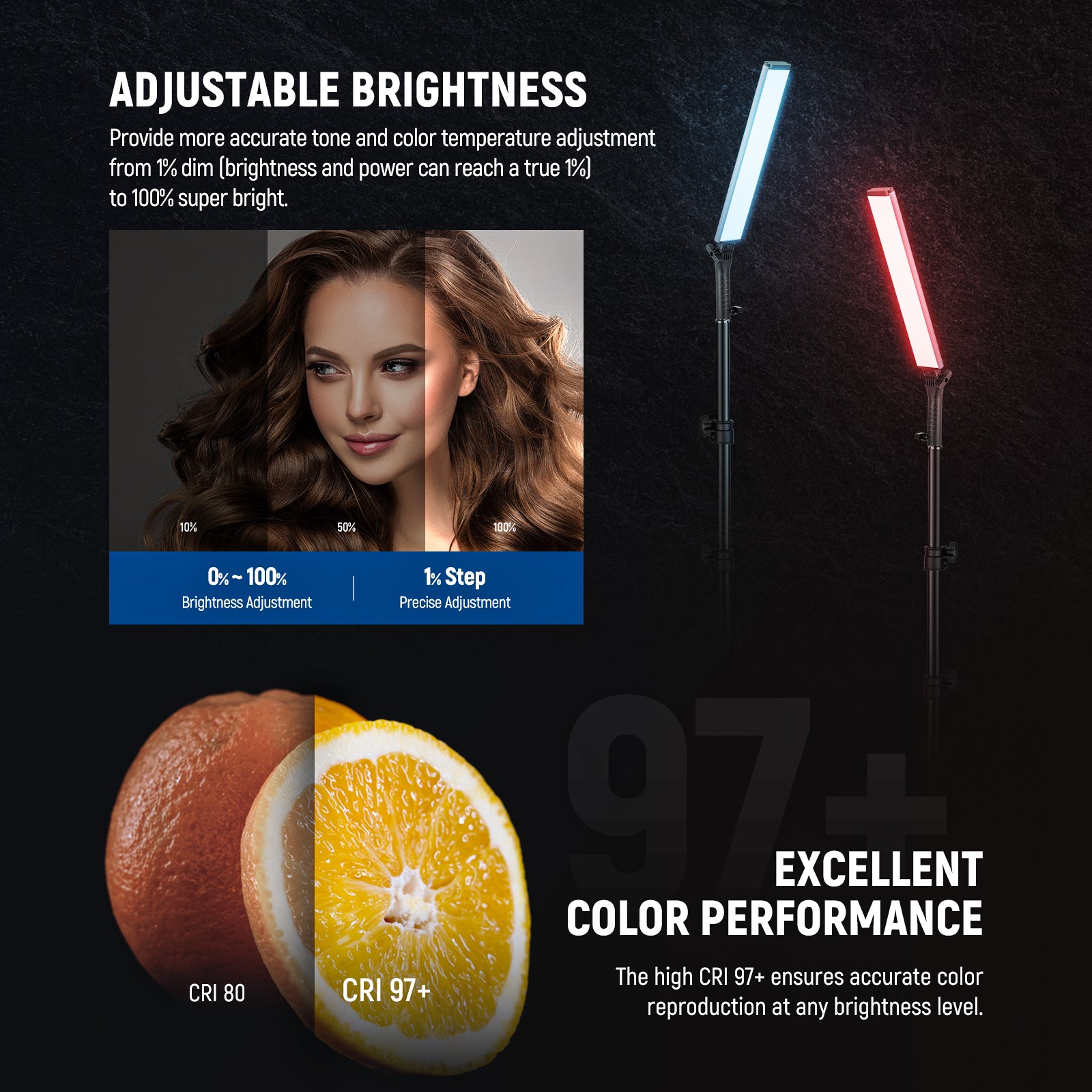 NEEWER BH30S Stick Light supports fine tuning at 1% brightness within a broad and balanced light output.