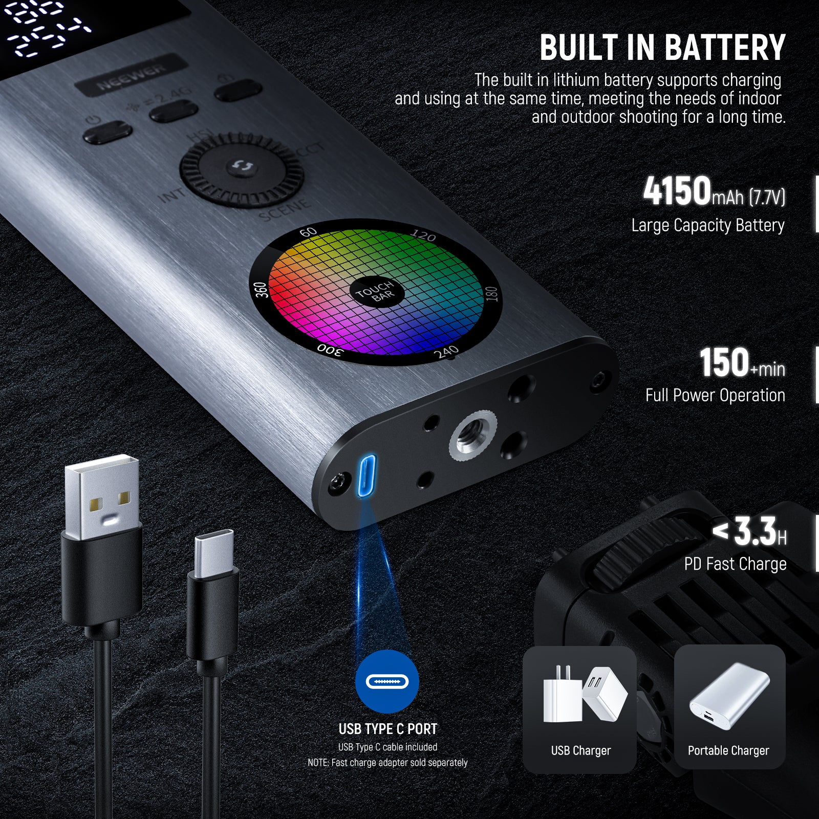 the light wand can be fully charged in 3.5 hours via USB power adapters or portable chargers