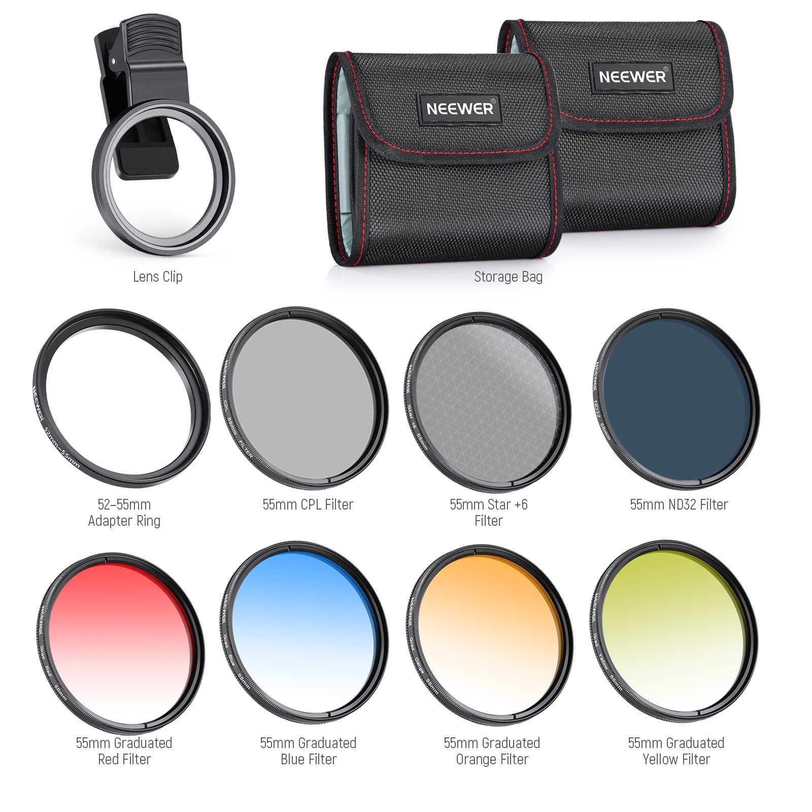 Package Contents of the NEEWER 55mm Lens Filters Kit for Phone & Camera