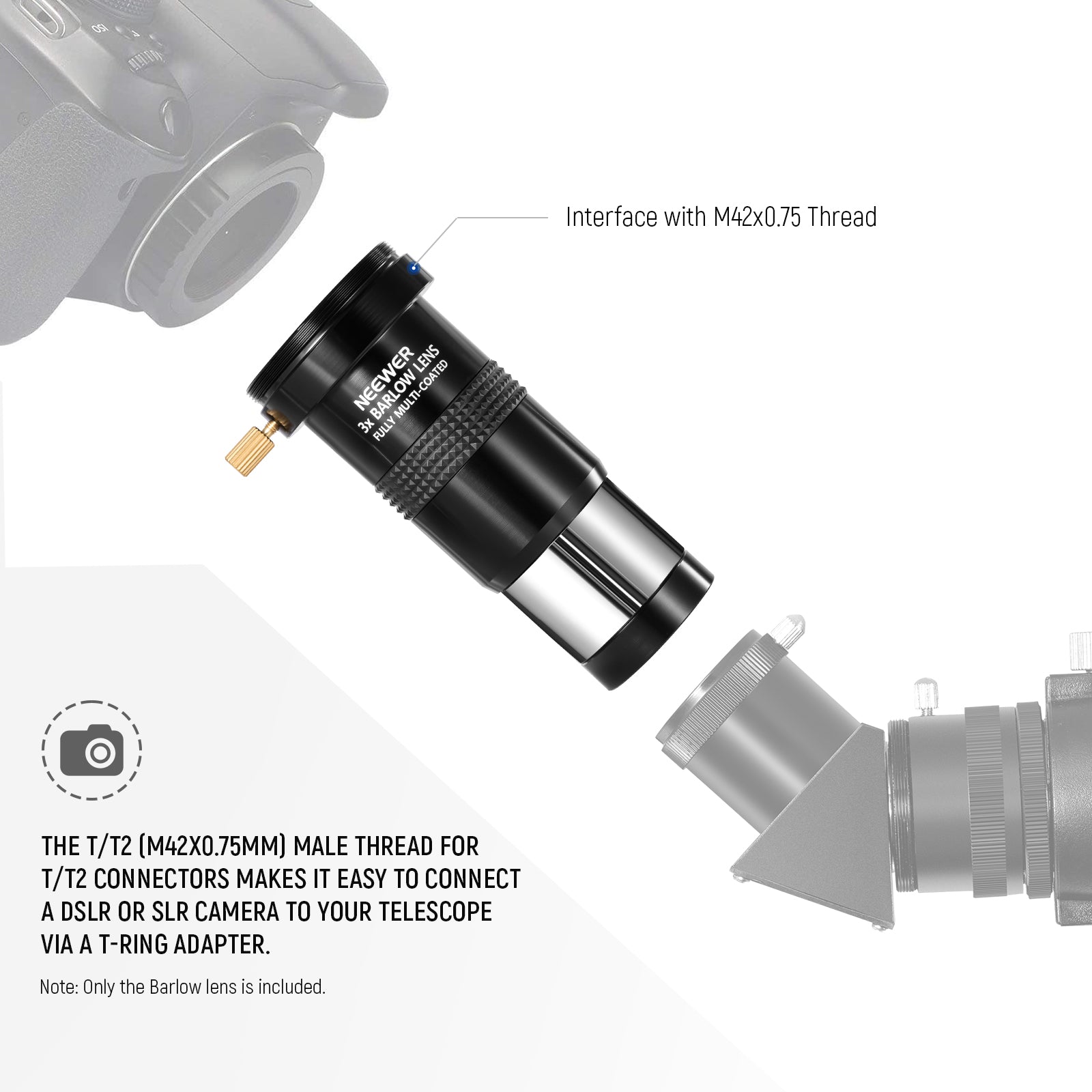 The 1.25" Barlow lens can work with most telescope eyepieces of 1.25 inches diameter.